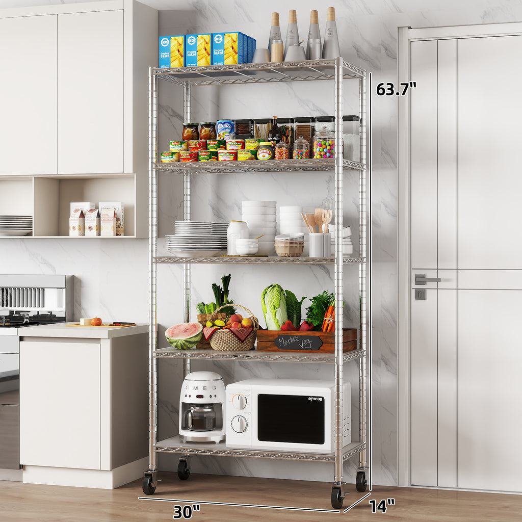 Chrome 5-Shelf Shelving Unit on 3'' Wheels with Shelf Liners Set of 5, NSF Certified, Adjustable Heavy Duty Steel Wire Shelving Rack (30W x 14D x 63.7H) Pole Diameter 1 Inch. item#: 33656