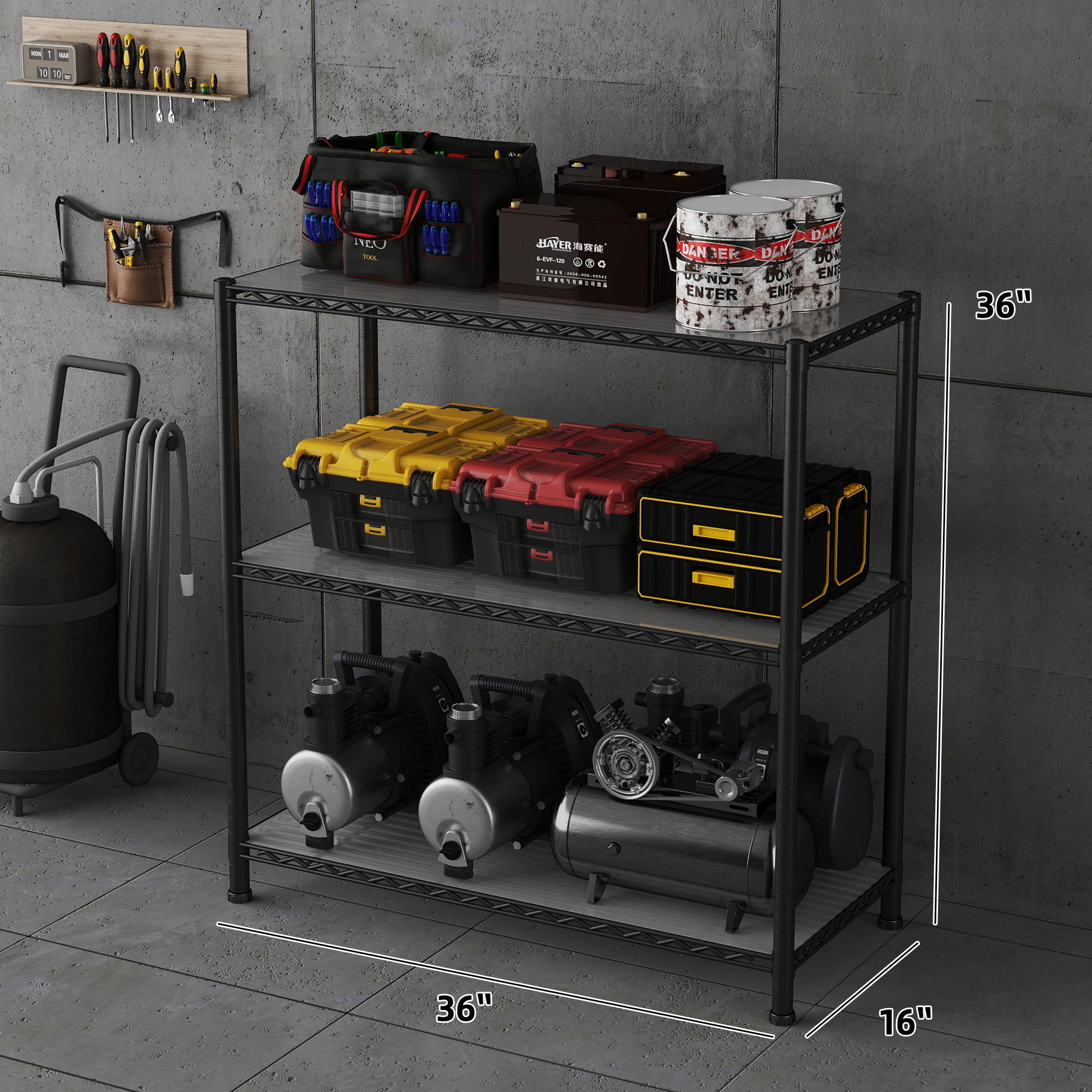 3-Shelf Shelving Unit with 3-Shelf Liners, 36" W X 16" D X 36" H Adjustable Rack, Steel Wire Shelves, Shelving Units and Storage for Laundry Bathroom Kitchen Pantry Closet, Black. item#: 530B