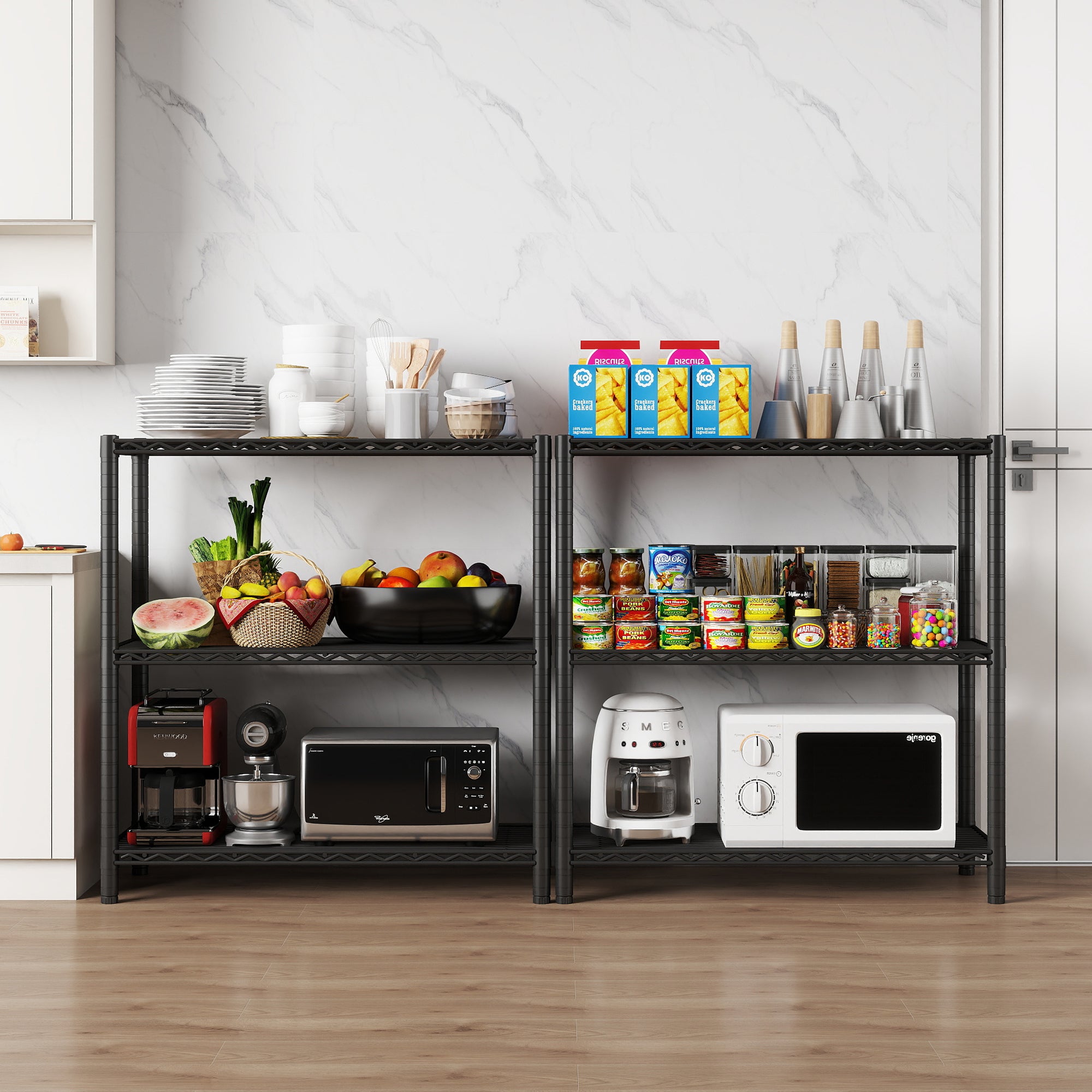 6-Shelf Shelving Unit, Changeable into 2 of 3-Shelf Units, 72”H X 36”W X16”D Adjustable Heavy Duty Steel Wire Shelves, 350 lbs Loading Capacity Per Shelf. ITEM#: 540B
