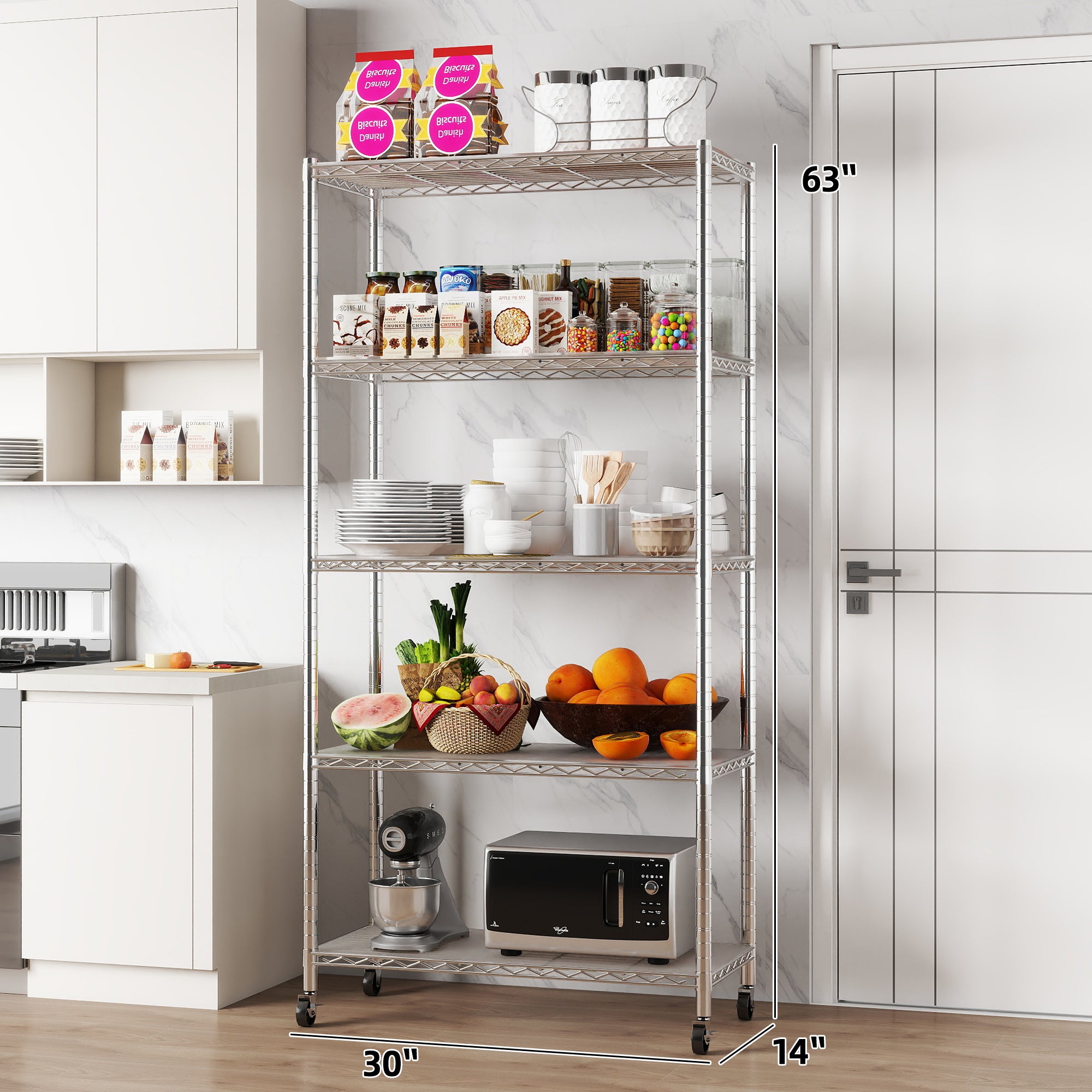 5-Shelf Shelving Units and Storage on Wheels with Shelf Liners Set of 5, NSF Certified, Adjustable Carbon Steel Wire Shelving Unit Rack for Garage, Kitchen, Office(63H X 30W X 14D). item#: 200-5CW