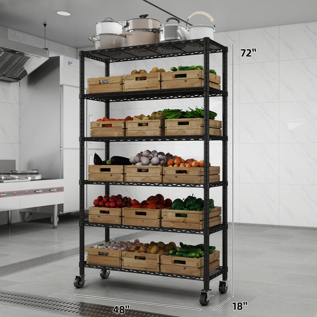 6-Tier NSF Certified Storage Shelves, 18" D X 48" W X 72" H Heavy Duty Steel Wire Shelving Unit with Wheels and Adjustable Feet, Used as Pantry Shelf, Garage or Bakers Rack Kitchen Shelving. ITEM#: 60-6B