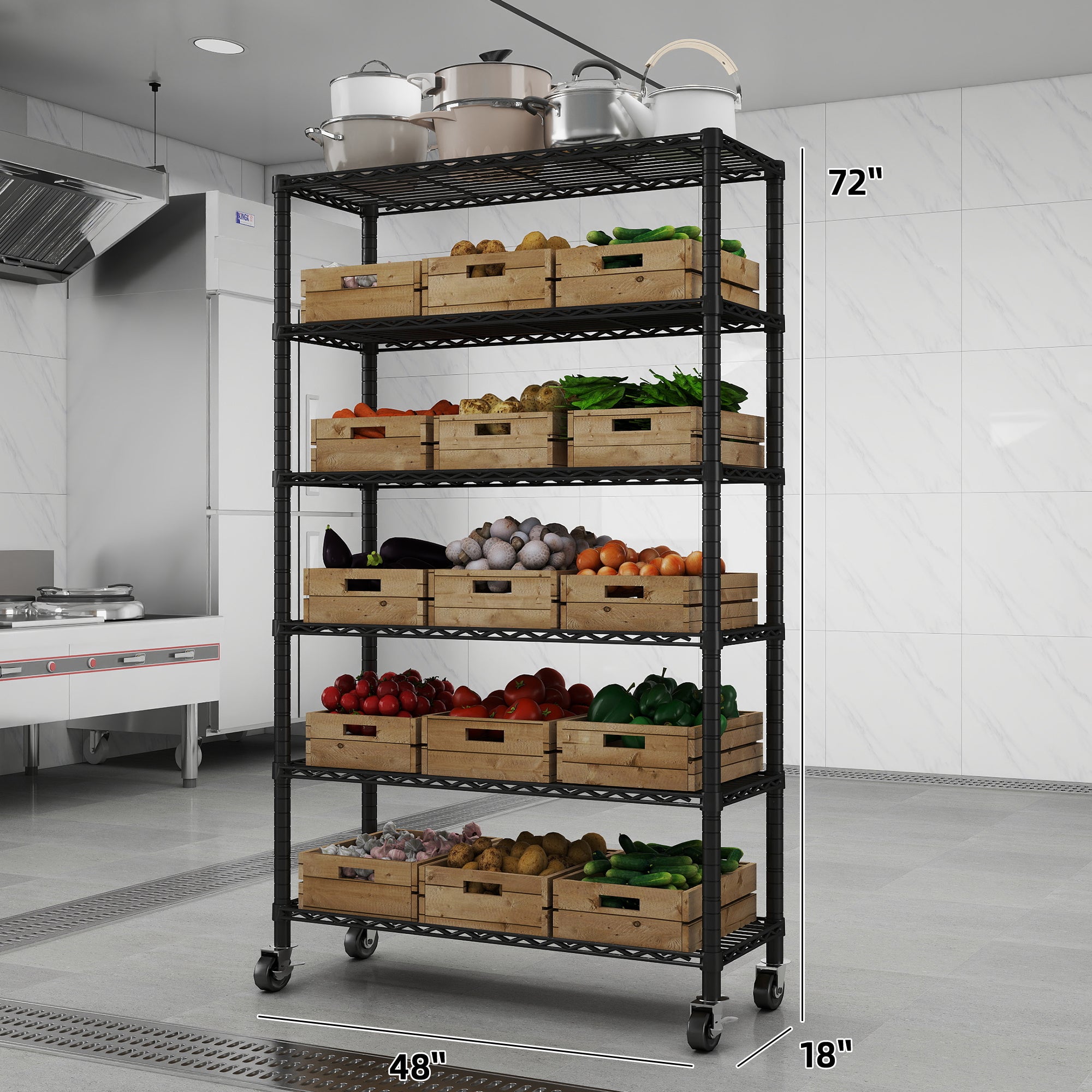 6-Tier NSF Certified Storage Shelves, 18" D X 48" W X 72" H Heavy Duty Steel Wire Shelving Unit with Wheels and Adjustable Feet, Used as Pantry Shelf, Garage or Bakers Rack Kitchen Shelving. ITEM#: 60-6B