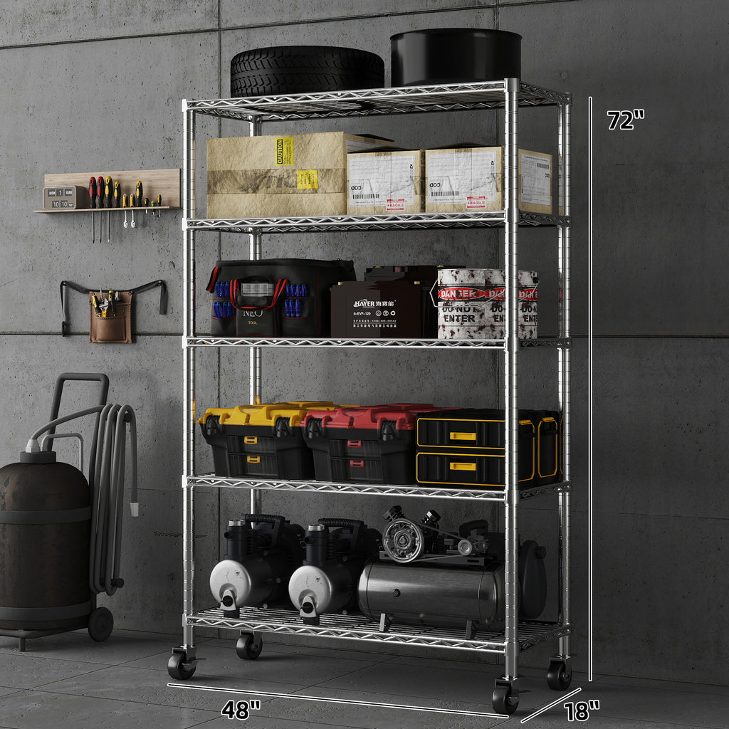 5-Tier Chrome NSF Certified Storage Shelves,18"D X 48"W X 72"H Heavy Duty Steel Wire Shelving Unit with Wheels and Adjustable Feet, Used as Pantry Shelf, Garage or Bakers Rack Kitchen Shelving. ITEM#: 60-5C