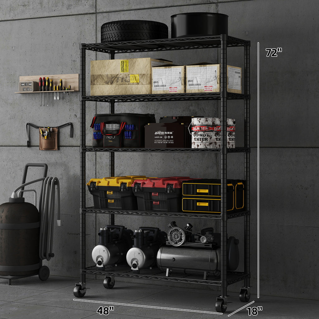 5-Tier NSF Certified Storage Shelves, 18" D X 48" W X 72" H Heavy Duty Steel Wire Shelving Unit with Wheels and Adjustable Feet, Used as Pantry Shelf, Garage or Bakers Rack Kitchen Shelving. ITEM#: 60-5B