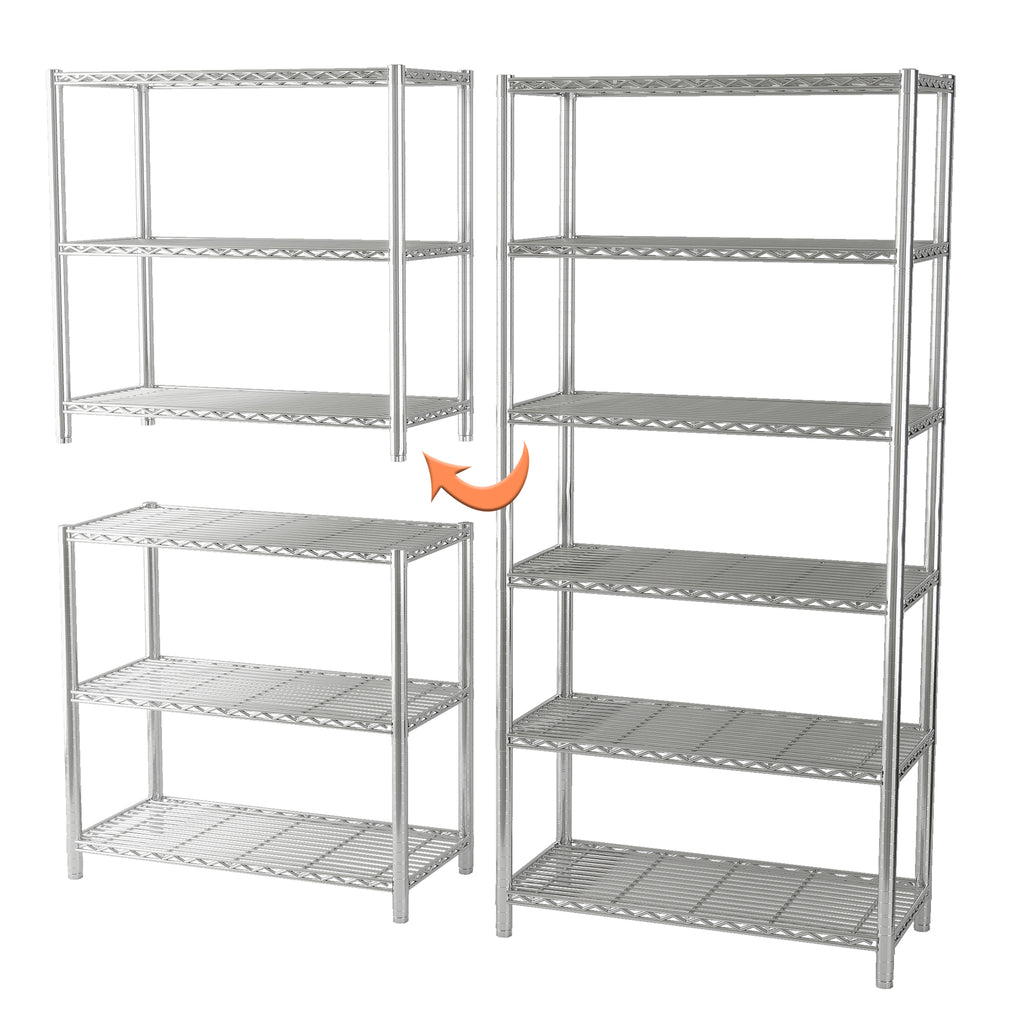 Chrome 6-Shelf Shelving Unit, Changeable into 2 of 3-Shelf Units, 72”H X 36”W X 16”D Adjustable Heavy Duty Steel Wire Shelves, 350 lbs Loading Capacity Per Shelf. ITEM#: 540C