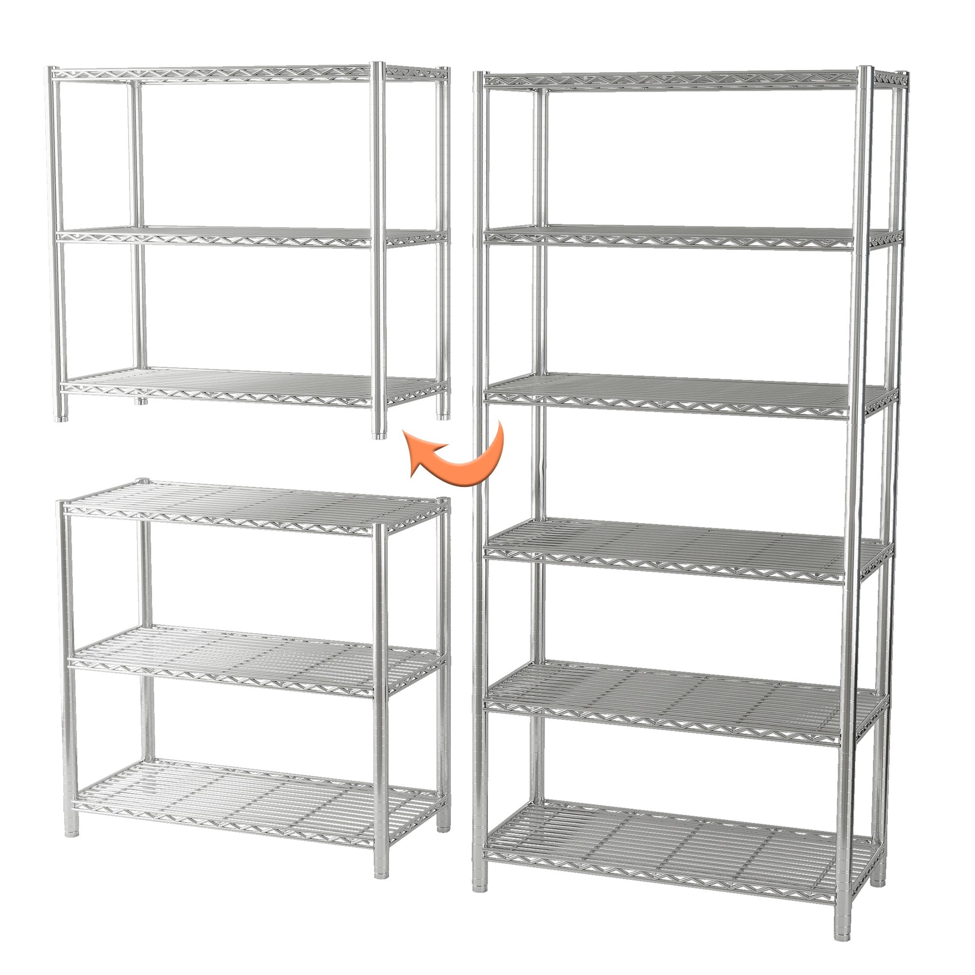 Chrome 6-Shelf Shelving Unit, Changeable into 2 of 3-Shelf Units, 72”H X 36”W X 16”D Adjustable Heavy Duty Steel Wire Shelves, 350 lbs Loading Capacity Per Shelf. ITEM#: 540C
