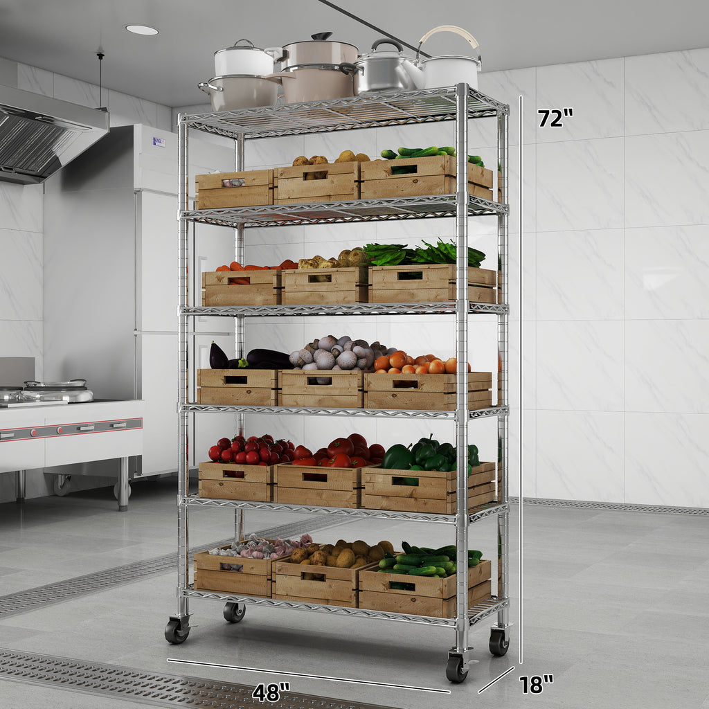 6-Tier Chrome Heavy Duty Storage Shelves, 48" W X 18" D X 72" H NSF Certified Steel Wire Shelving Unit with 4" Wheels and Adjustable Feet, for Office, Pantry, Kitchen, Garage, Bakers Rack. ITEM#: 60-6C