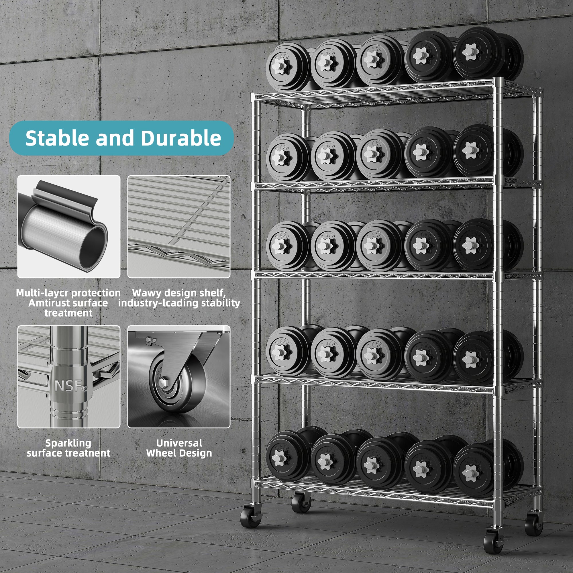 5-Tier Chrome NSF Certified Storage Shelves,18"D X 48"W X 72"H Heavy Duty Steel Wire Shelving Unit with Wheels and Adjustable Feet, Used as Pantry Shelf, Garage or Bakers Rack Kitchen Shelving. ITEM#: 60-5C