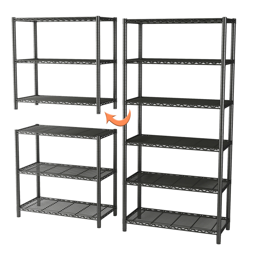 6-Shelf Shelving Unit, Changeable into 2 of 3-Shelf Units, 72”H X 36”W X16”D Adjustable Heavy Duty Steel Wire Shelves, 350 lbs Loading Capacity Per Shelf. ITEM#: 540B