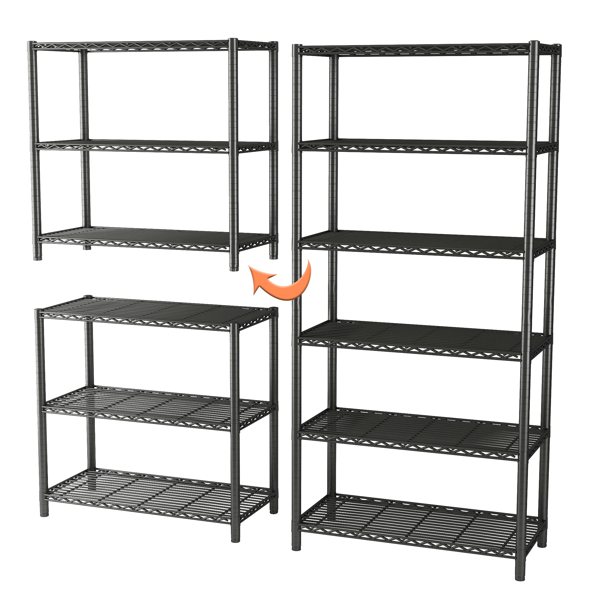 6-Shelf Shelving Unit, Changeable into 2 of 3-Shelf Units, 72”H X 36”W X16”D Adjustable Heavy Duty Steel Wire Shelves, 350 lbs Loading Capacity Per Shelf. ITEM#: 540B