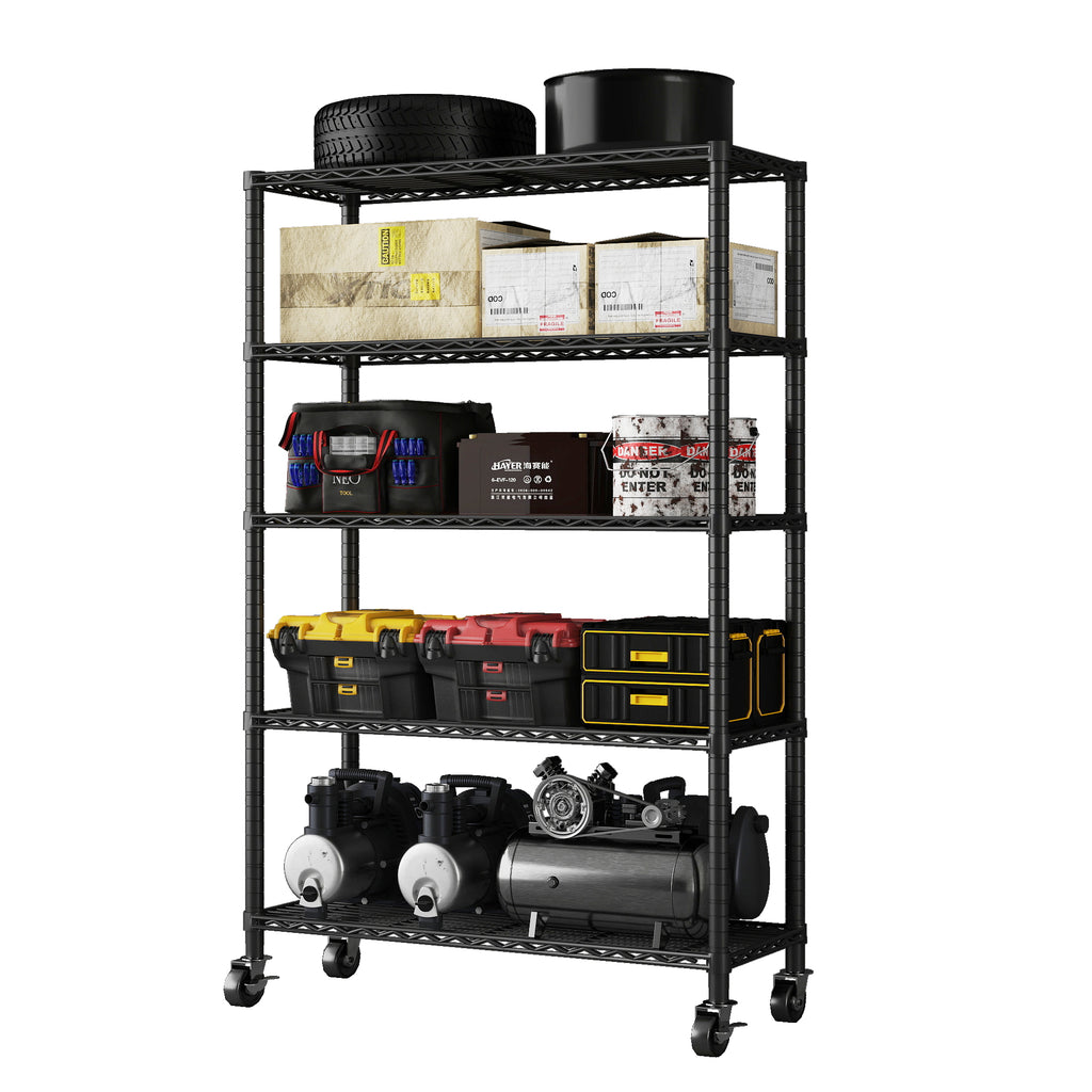 5-Tier NSF Certified Storage Shelves, 18" D X 48" W X 72" H Heavy Duty Steel Wire Shelving Unit with Wheels and Adjustable Feet, Used as Pantry Shelf, Garage or Bakers Rack Kitchen Shelving. ITEM#: 60-5B