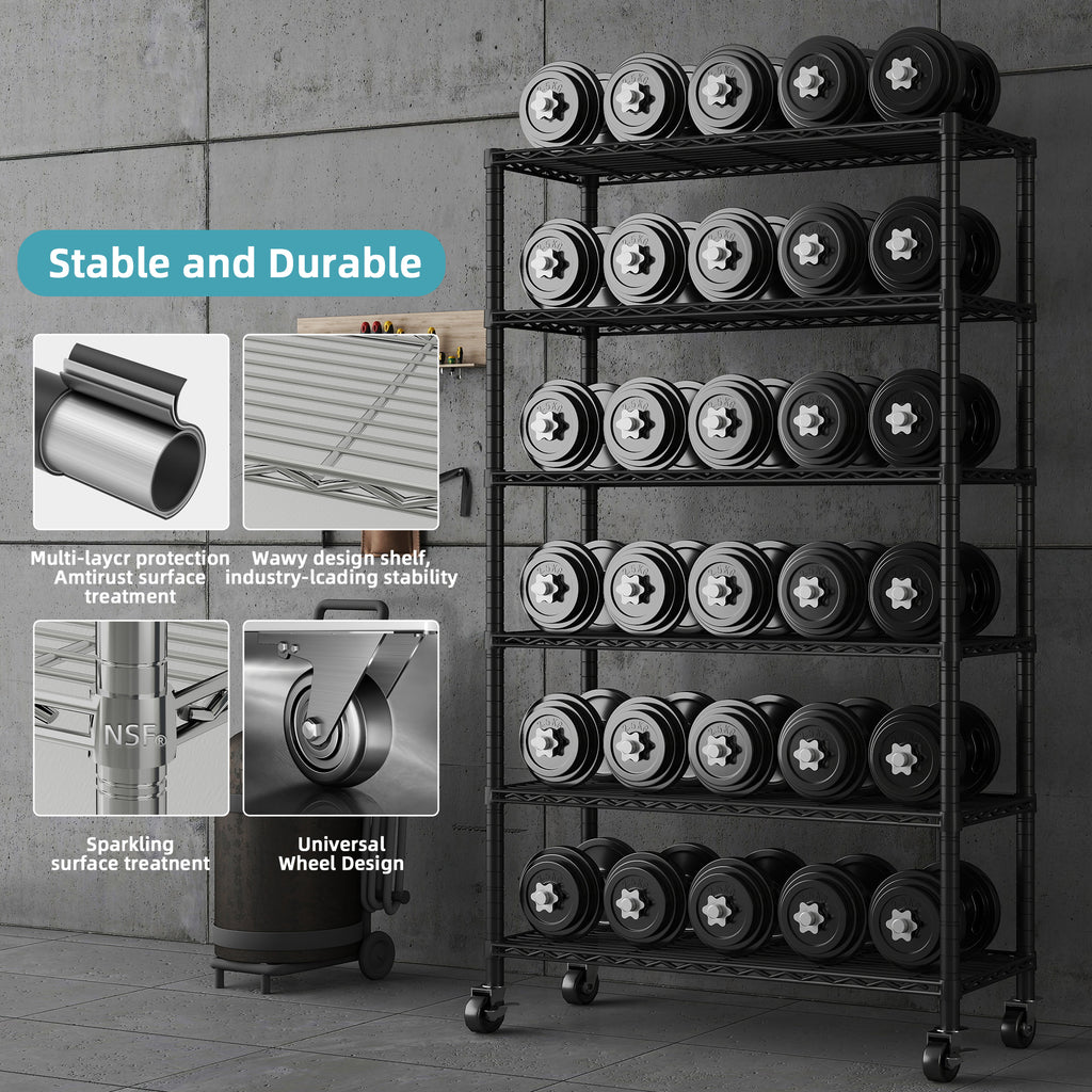 6-Tier NSF Certified Storage Shelves, 18" D X 48" W X 72" H Heavy Duty Steel Wire Shelving Unit with Wheels and Adjustable Feet, Used as Pantry Shelf, Garage or Bakers Rack Kitchen Shelving. ITEM#: 60-6B
