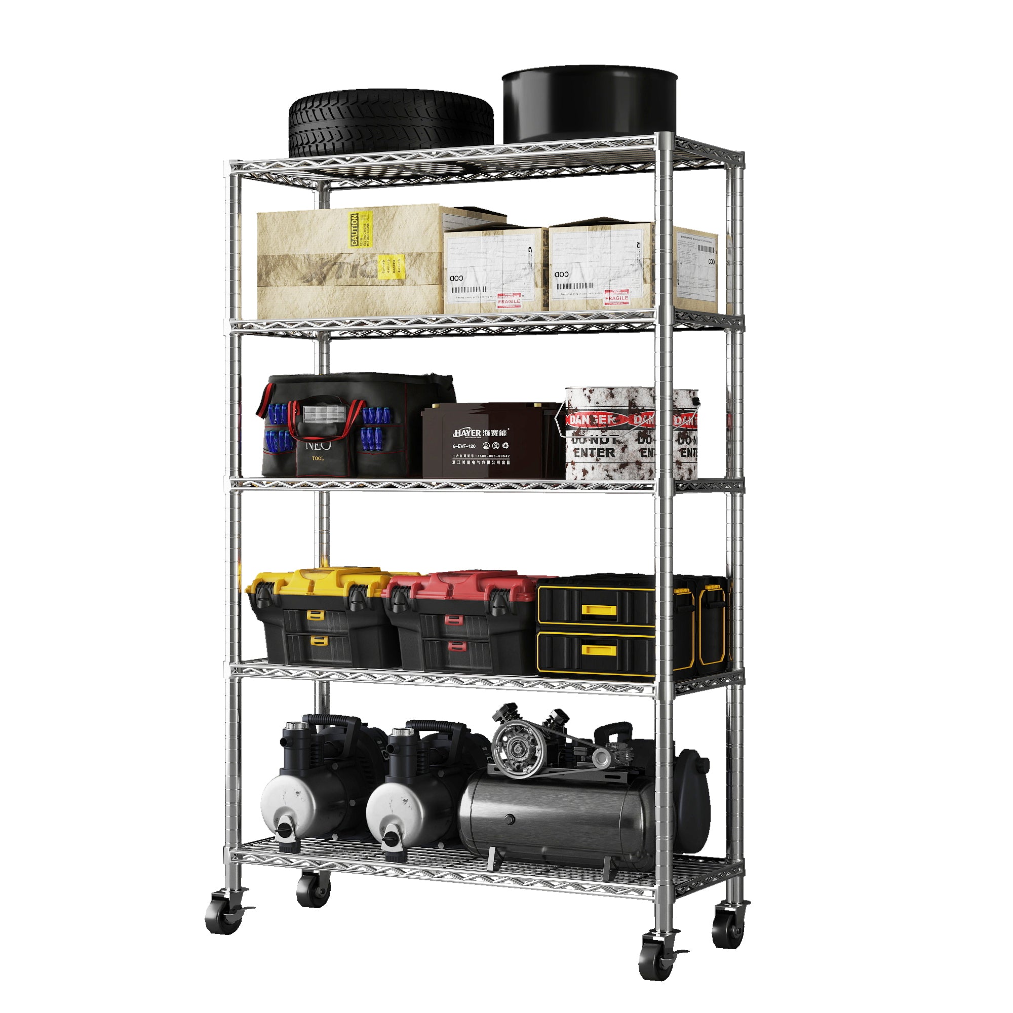5-Tier Chrome NSF Certified Storage Shelves,18"D X 48"W X 72"H Heavy Duty Steel Wire Shelving Unit with Wheels and Adjustable Feet, Used as Pantry Shelf, Garage or Bakers Rack Kitchen Shelving. ITEM#: 60-5C