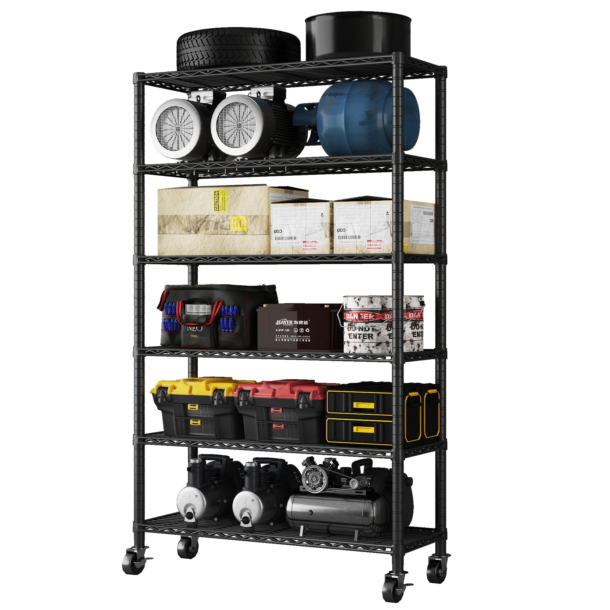 6-Tier NSF Certified Storage Shelves, 18" D X 48" W X 72" H Heavy Duty Steel Wire Shelving Unit with Wheels and Adjustable Feet, Used as Pantry Shelf, Garage or Bakers Rack Kitchen Shelving. ITEM#: 60-6B