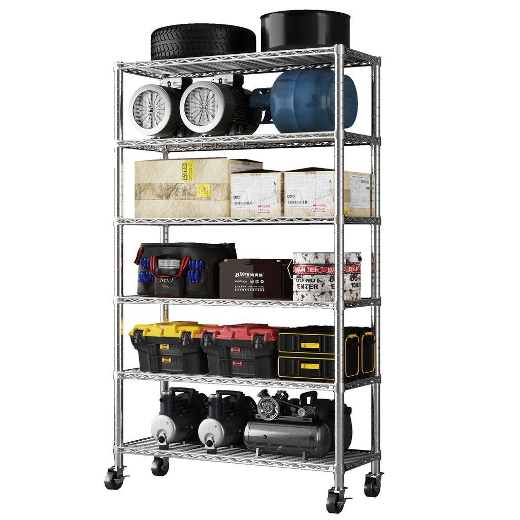 6-Tier Chrome Heavy Duty Storage Shelves, 48" W X 18" D X 72" H NSF Certified Steel Wire Shelving Unit with 4" Wheels and Adjustable Feet, for Office, Pantry, Kitchen, Garage, Bakers Rack. ITEM#: 60-6C