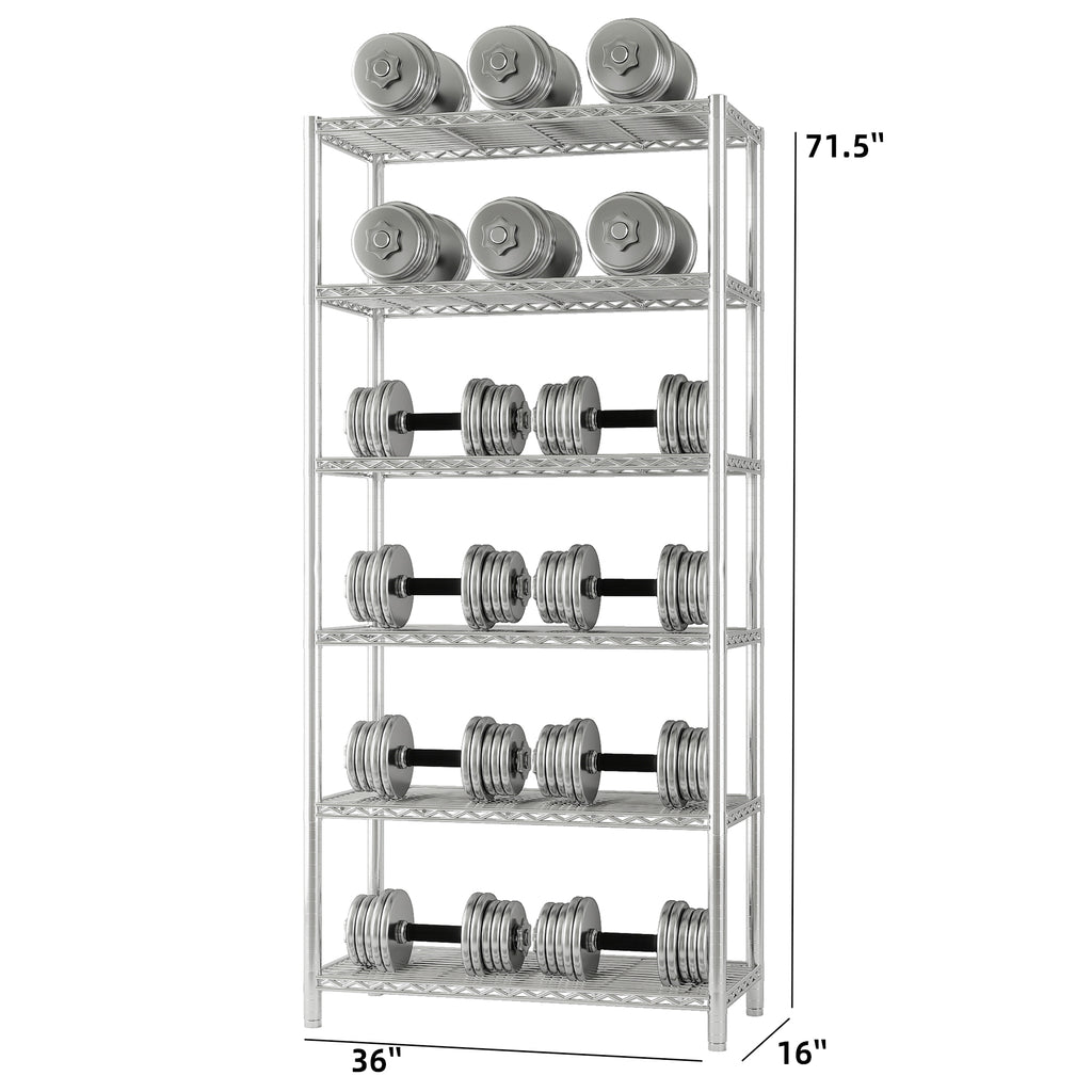 Chrome 6-Shelf Shelving Unit, Changeable into 2 of 3-Shelf Units, 72”H X 36”W X 16”D Adjustable Heavy Duty Steel Wire Shelves, 350 lbs Loading Capacity Per Shelf. ITEM#: 540C