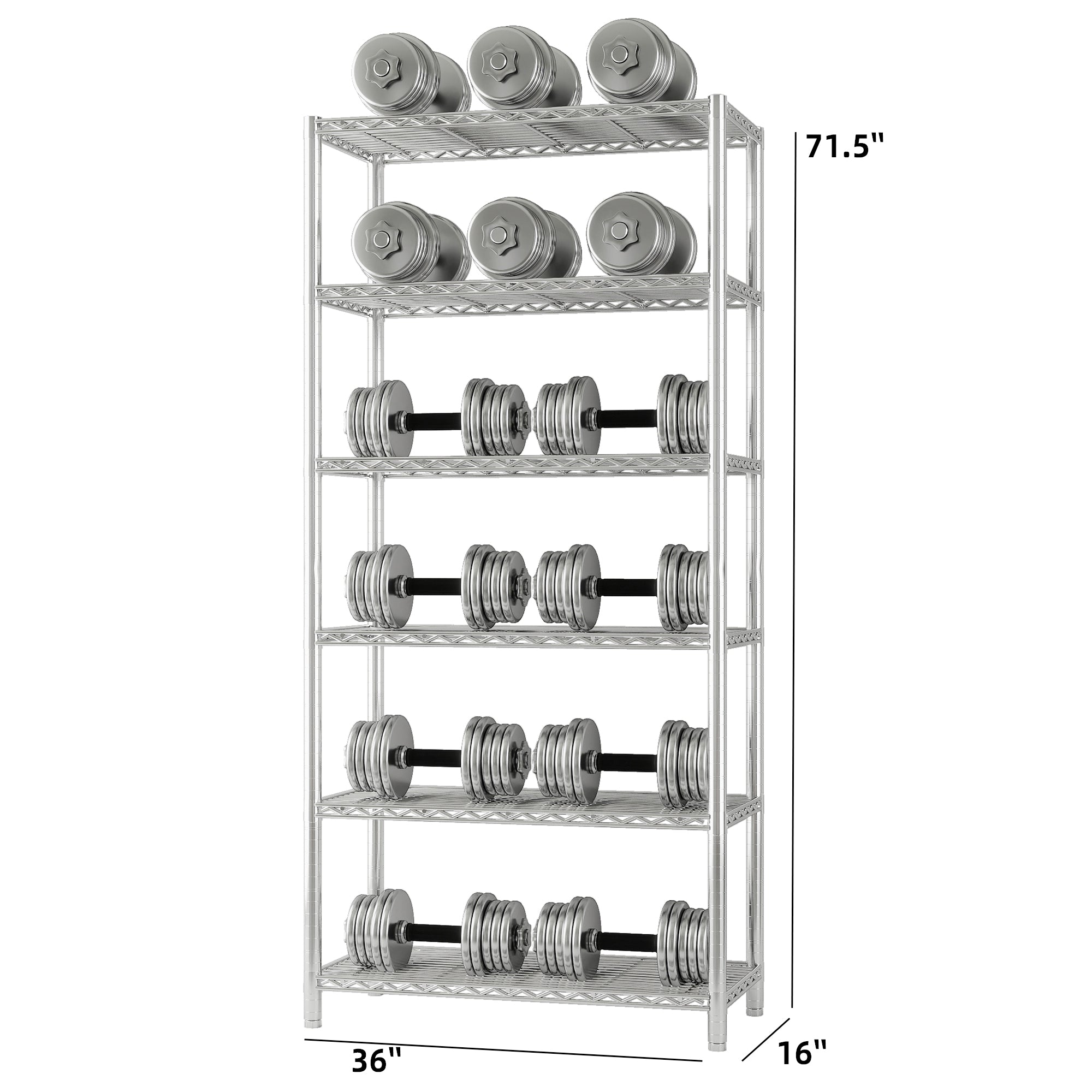 Chrome 6-Shelf Shelving Unit, Changeable into 2 of 3-Shelf Units, 72”H X 36”W X 16”D Adjustable Heavy Duty Steel Wire Shelves, 350 lbs Loading Capacity Per Shelf. ITEM#: 540C