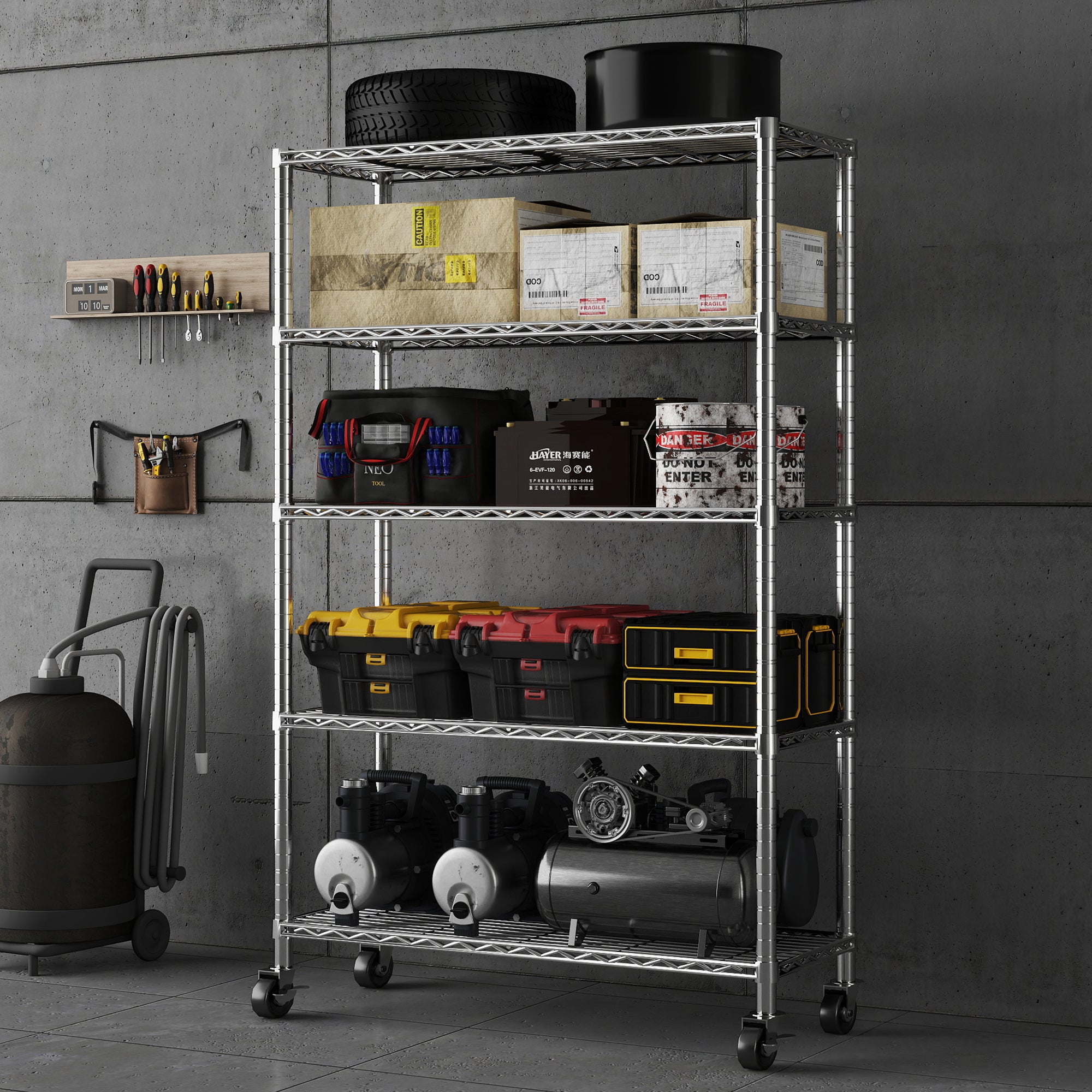 5-Tier Chrome NSF Certified Storage Shelves,18"D X 48"W X 72"H Heavy Duty Steel Wire Shelving Unit with Wheels and Adjustable Feet, Used as Pantry Shelf, Garage or Bakers Rack Kitchen Shelving. ITEM#: 60-5C