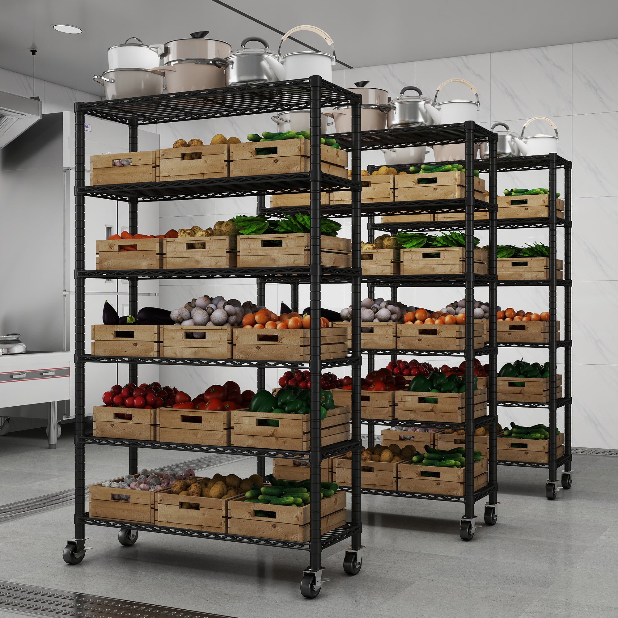 6-Tier NSF Certified Storage Shelves, 18" D X 48" W X 72" H Heavy Duty Steel Wire Shelving Unit with Wheels and Adjustable Feet, Used as Pantry Shelf, Garage or Bakers Rack Kitchen Shelving. ITEM#: 60-6B