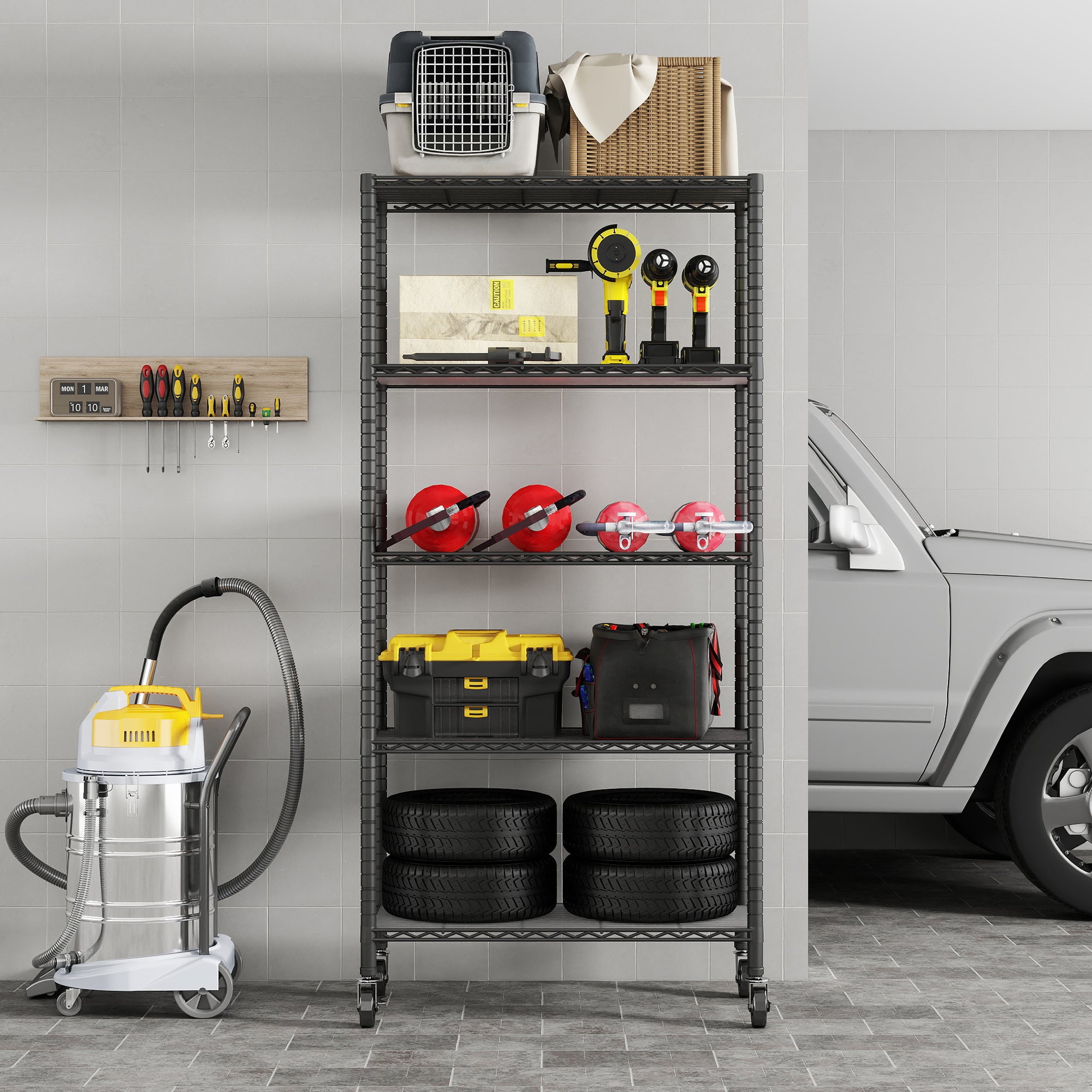 5-Shelf Shelving Units and Storage on 3'' Wheels with Shelf Liners Set of 5, NSF Certified, Adjustable Heavy Duty Carbon Steel Wire Shelving Unit (30W x 14D x 63.7H) Pole Diameter 1 Inch. item#: 33655