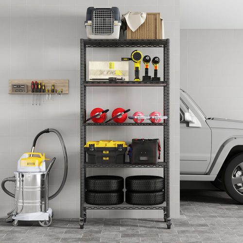 5-Shelf Shelving Units and Storage on 3'' Wheels with Shelf Liners Set of 5, NSF Certified, Adjustable Heavy Duty Carbon Steel Wire Shelving Unit (30W x 14D x 63.7H) Pole Diameter 1 Inch. item#: 33655