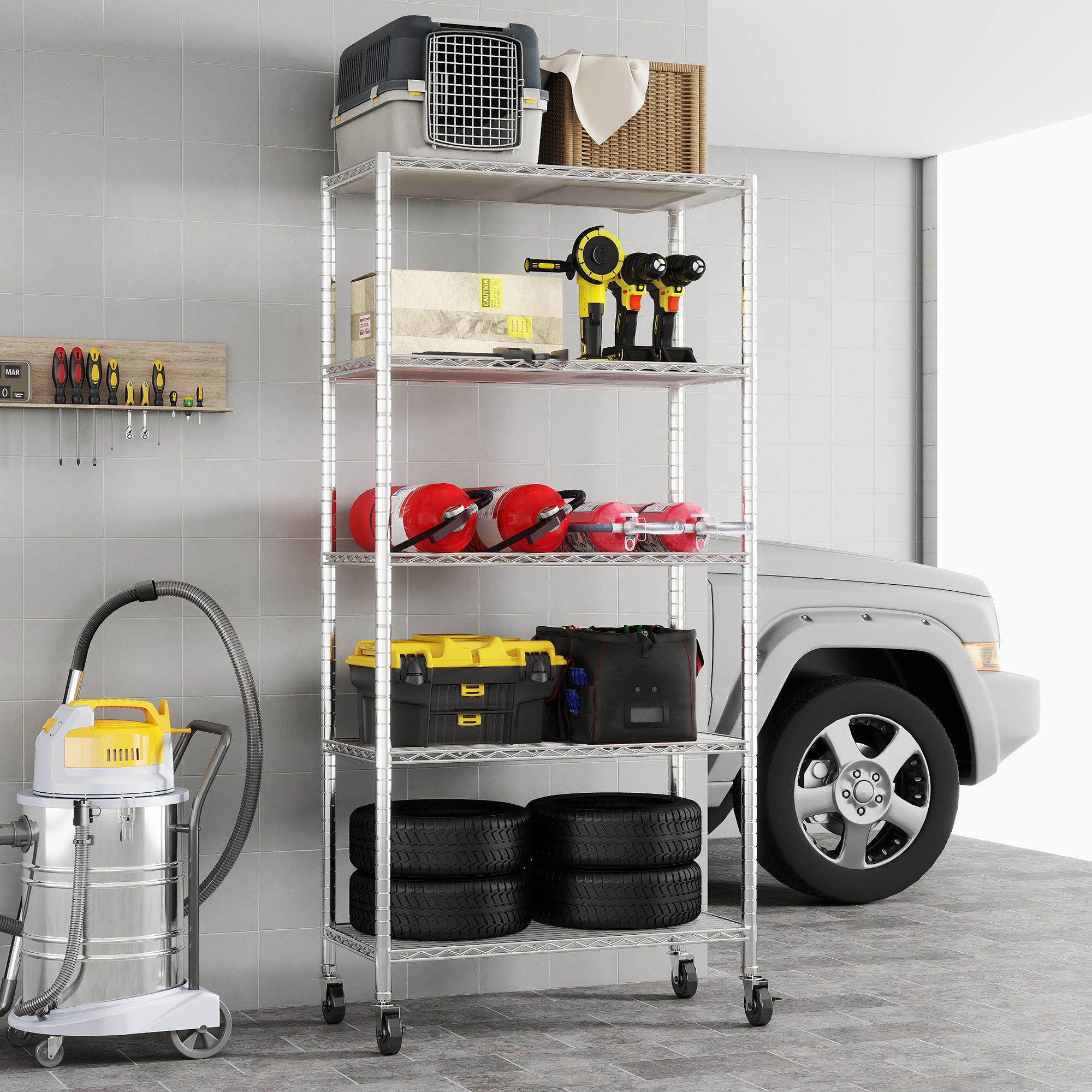 Chrome 5-Shelf Shelving Unit on 3'' Wheels with Shelf Liners Set of 5, NSF Certified, Adjustable Heavy Duty Steel Wire Shelving Rack (30W x 14D x 63.7H) Pole Diameter 1 Inch. item#: 33656