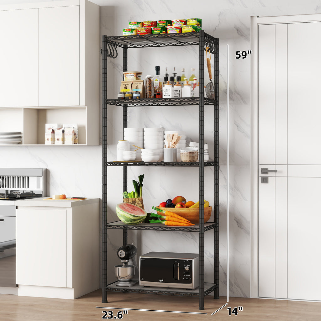 5-Shelf Shelving Unit with Shelf Liners Set of 5, NSF Certified, Adjustable, Steel Organizer Wire Rack, 100lbs Loading Capacity Per Shelf, for Kitchen and Garage (23.6W x 14D x 59H) Black. ITEM#: 100-5