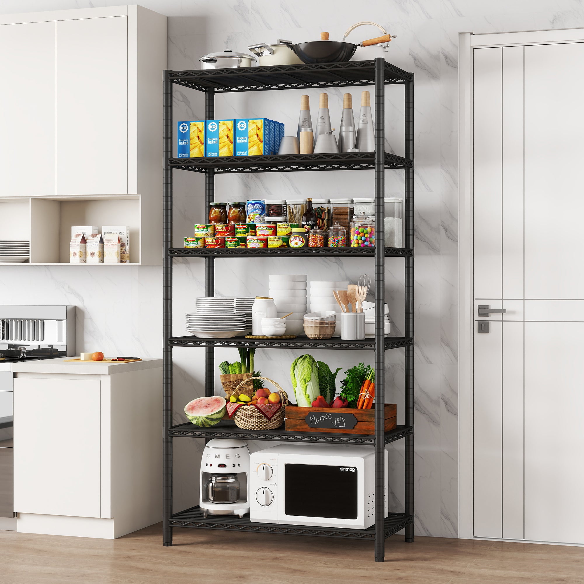 6-Shelf Shelving Unit, Changeable into 2 of 3-Shelf Units, 72”H X 36”W X16”D Adjustable Heavy Duty Steel Wire Shelves, 350 lbs Loading Capacity Per Shelf. ITEM#: 540B