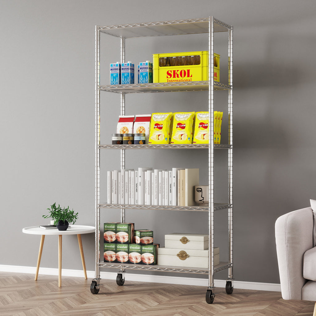 Chrome 5-Shelf Shelving Unit on 3'' Wheels with Shelf Liners Set of 5, NSF Certified, Adjustable Heavy Duty Steel Wire Shelving Rack (30W x 14D x 63.7H) Pole Diameter 1 Inch. item#: 33656