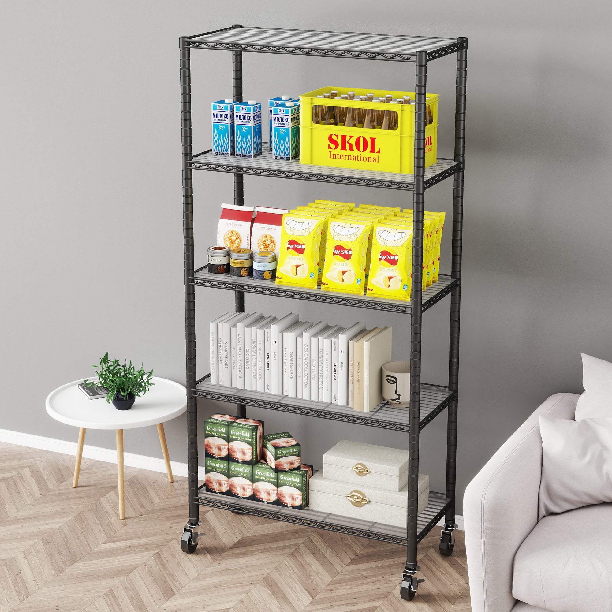 5-Shelf Shelving Units and Storage on 3'' Wheels with Shelf Liners Set of 5, NSF Certified, Adjustable Heavy Duty Carbon Steel Wire Shelving Unit (30W x 14D x 63.7H) Pole Diameter 1 Inch. item#: 33655