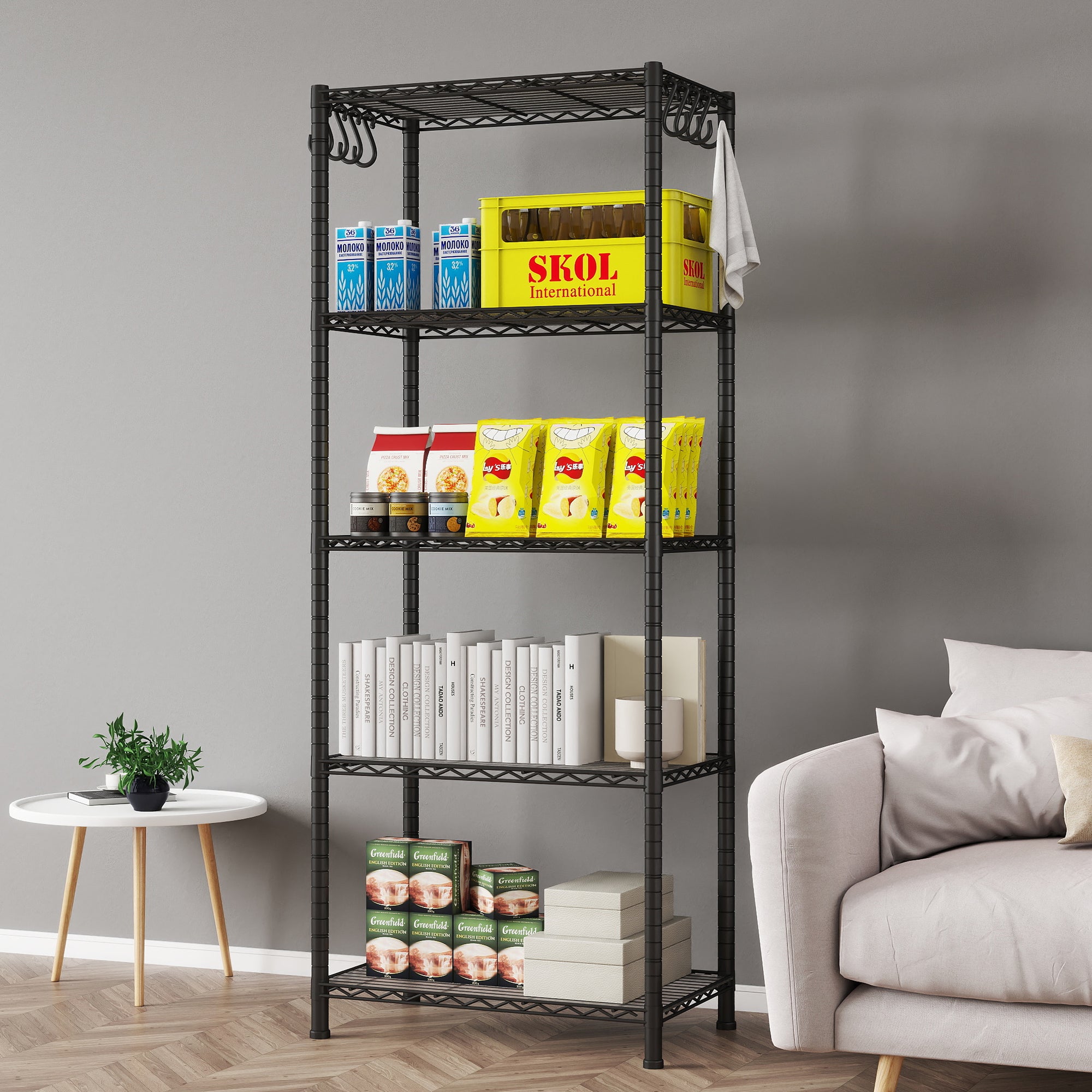 5-Shelf Shelving Unit with Shelf Liners Set of 5, NSF Certified, Adjustable, Steel Organizer Wire Rack, 100lbs Loading Capacity Per Shelf, for Kitchen and Garage (23.6W x 14D x 59H) Black. ITEM#: 100-5