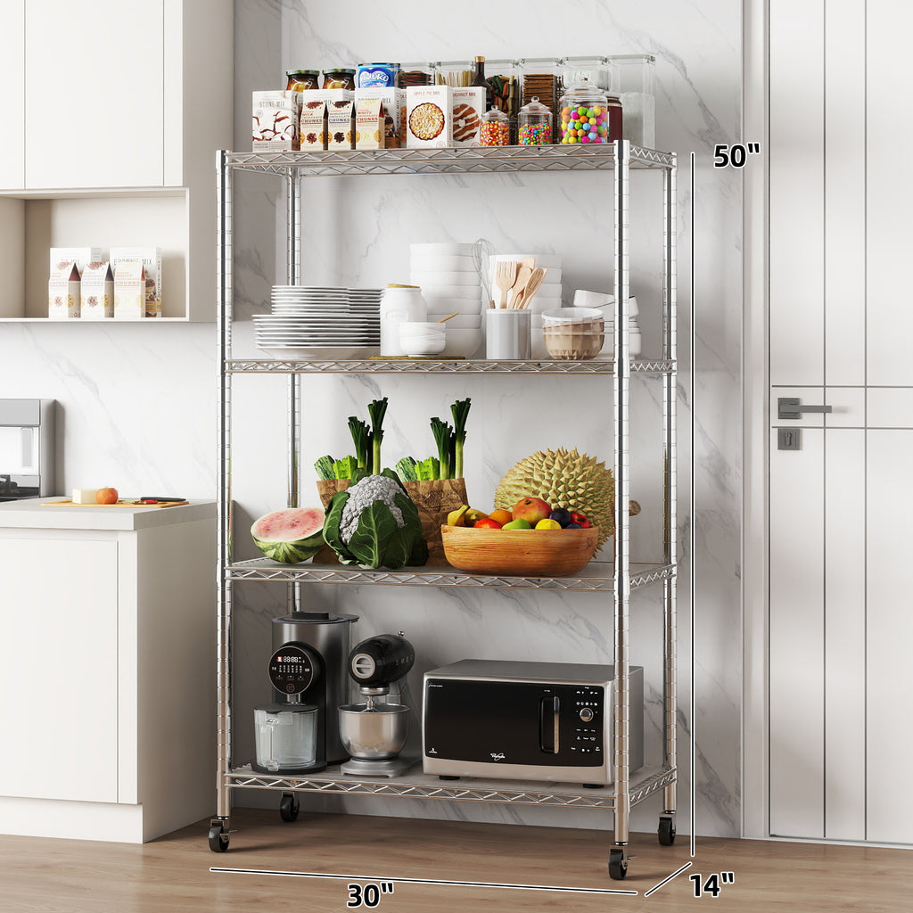 Chrome 4-Shelf Shelving Units and Storage Rack on Wheels with Shelf Liners Set of 4, NSF Certified, Adjustable Matel Wire Shelving Unit Rack for Garage, Kitchen, Office(50H X 30W X 14D). item#: 200-4CW