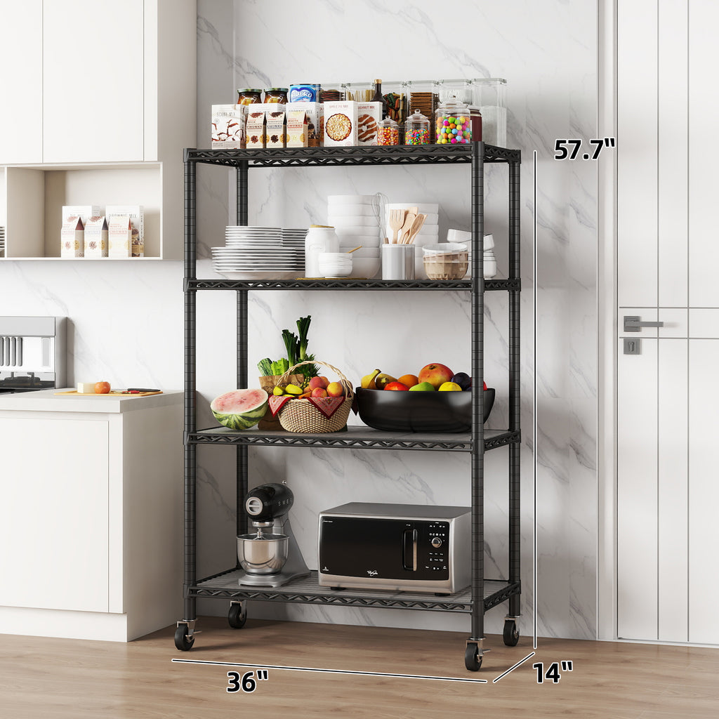 4-Shelf Shelving Units and Storage on 3'' Wheels with 4-Shelf Liners, 36W X 14D X 57.7H Adjustable Heavy Duty Steel Wire Shelving Unit for Garage, Kitchen, Office, Pole Diameter 1 Inch. item#: 33653