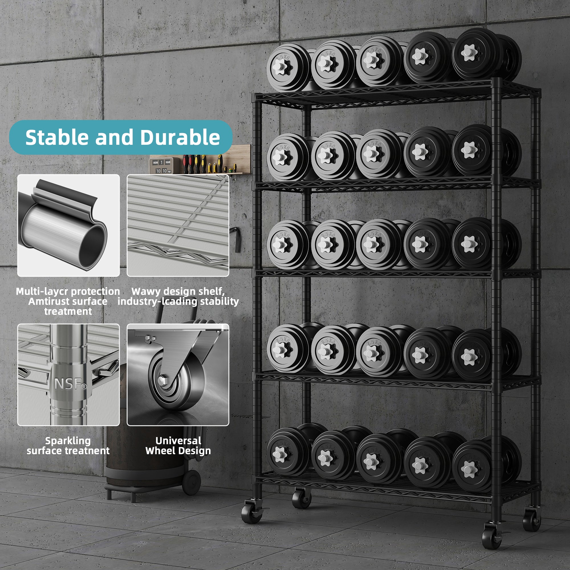 5-Tier NSF Certified Storage Shelves, 18" D X 48" W X 72" H Heavy Duty Steel Wire Shelving Unit with Wheels and Adjustable Feet, Used as Pantry Shelf, Garage or Bakers Rack Kitchen Shelving. ITEM#: 60-5B