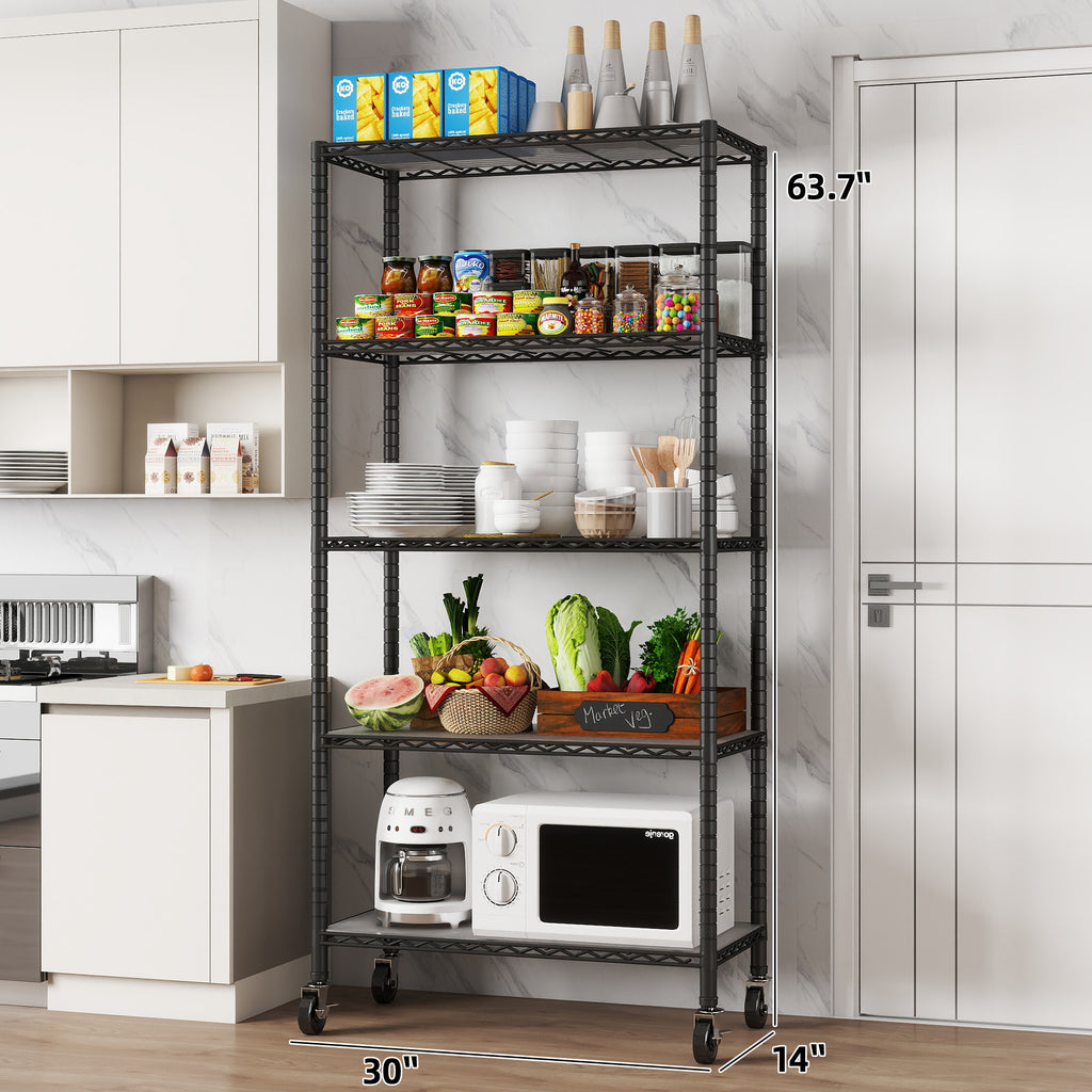 5-Shelf Shelving Units and Storage on 3'' Wheels with Shelf Liners Set of 5, NSF Certified, Adjustable Heavy Duty Carbon Steel Wire Shelving Unit (30W x 14D x 63.7H) Pole Diameter 1 Inch. item#: 33655