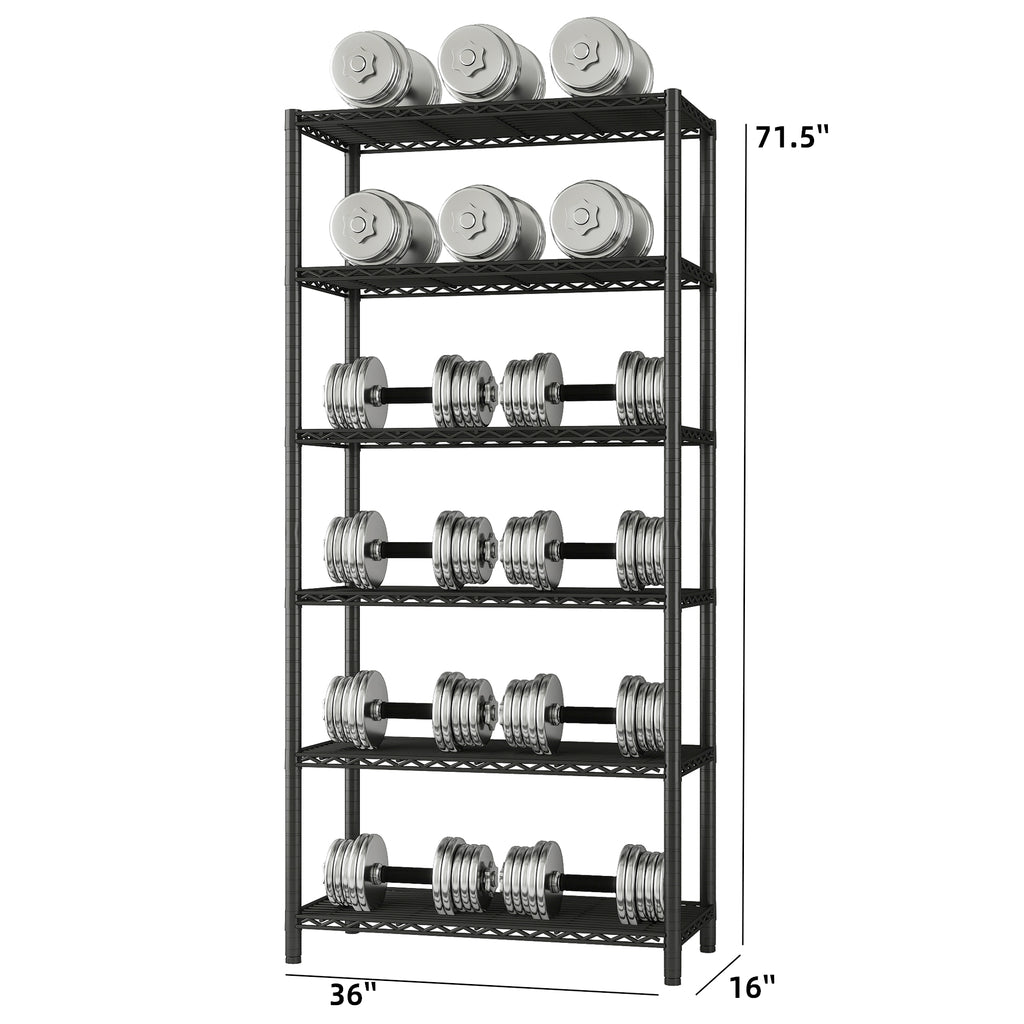 6-Shelf Shelving Unit, Changeable into 2 of 3-Shelf Units, 72”H X 36”W X16”D Adjustable Heavy Duty Steel Wire Shelves, 350 lbs Loading Capacity Per Shelf. ITEM#: 540B