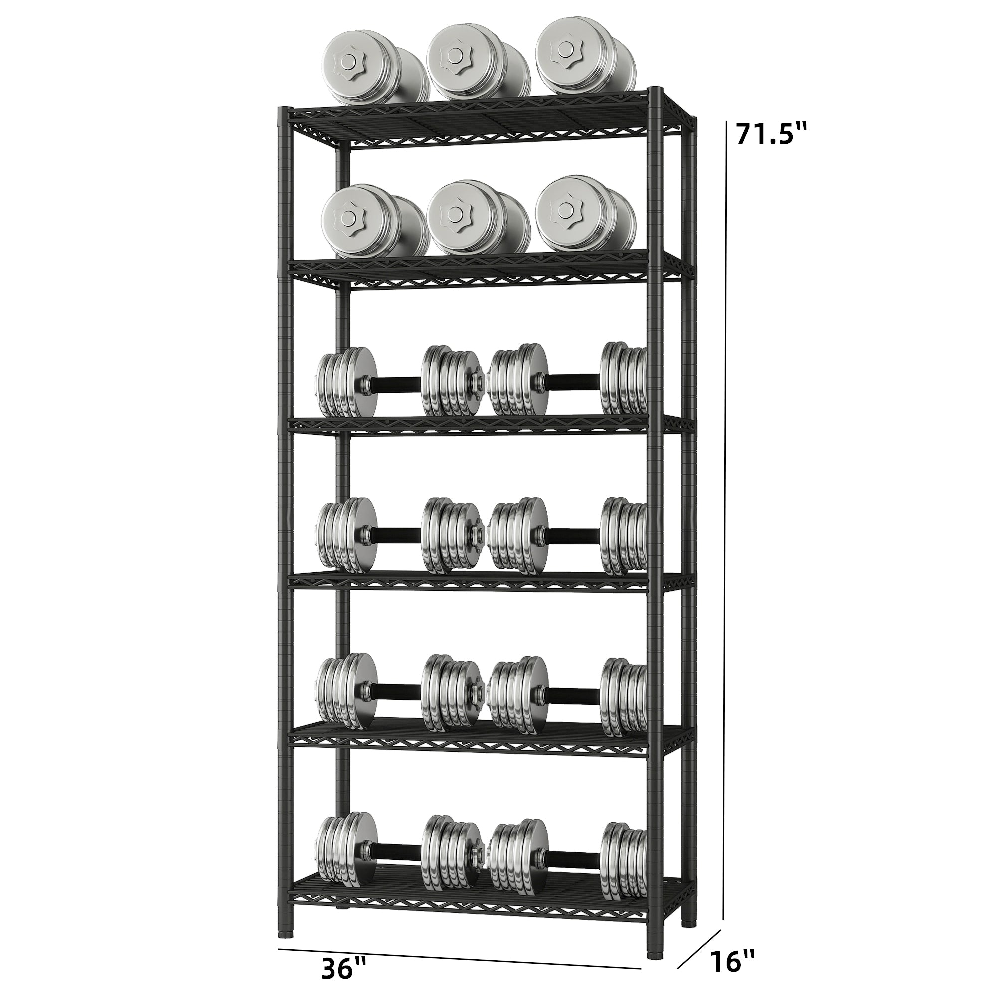 6-Shelf Shelving Unit, Changeable into 2 of 3-Shelf Units, 72”H X 36”W X16”D Adjustable Heavy Duty Steel Wire Shelves, 350 lbs Loading Capacity Per Shelf. ITEM#: 540B