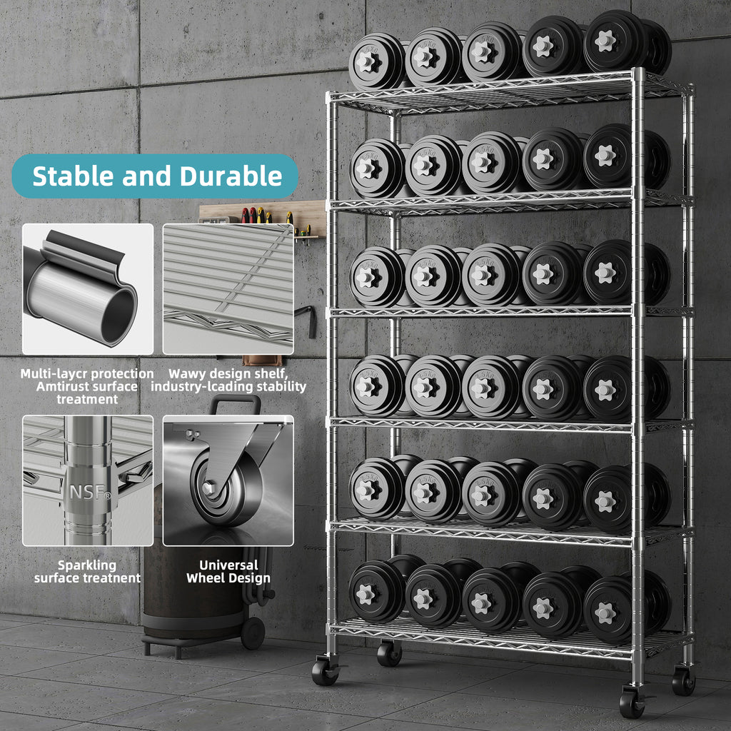 6-Tier Chrome Heavy Duty Storage Shelves, 48" W X 18" D X 72" H NSF Certified Steel Wire Shelving Unit with 4" Wheels and Adjustable Feet, for Office, Pantry, Kitchen, Garage, Bakers Rack. ITEM#: 60-6C