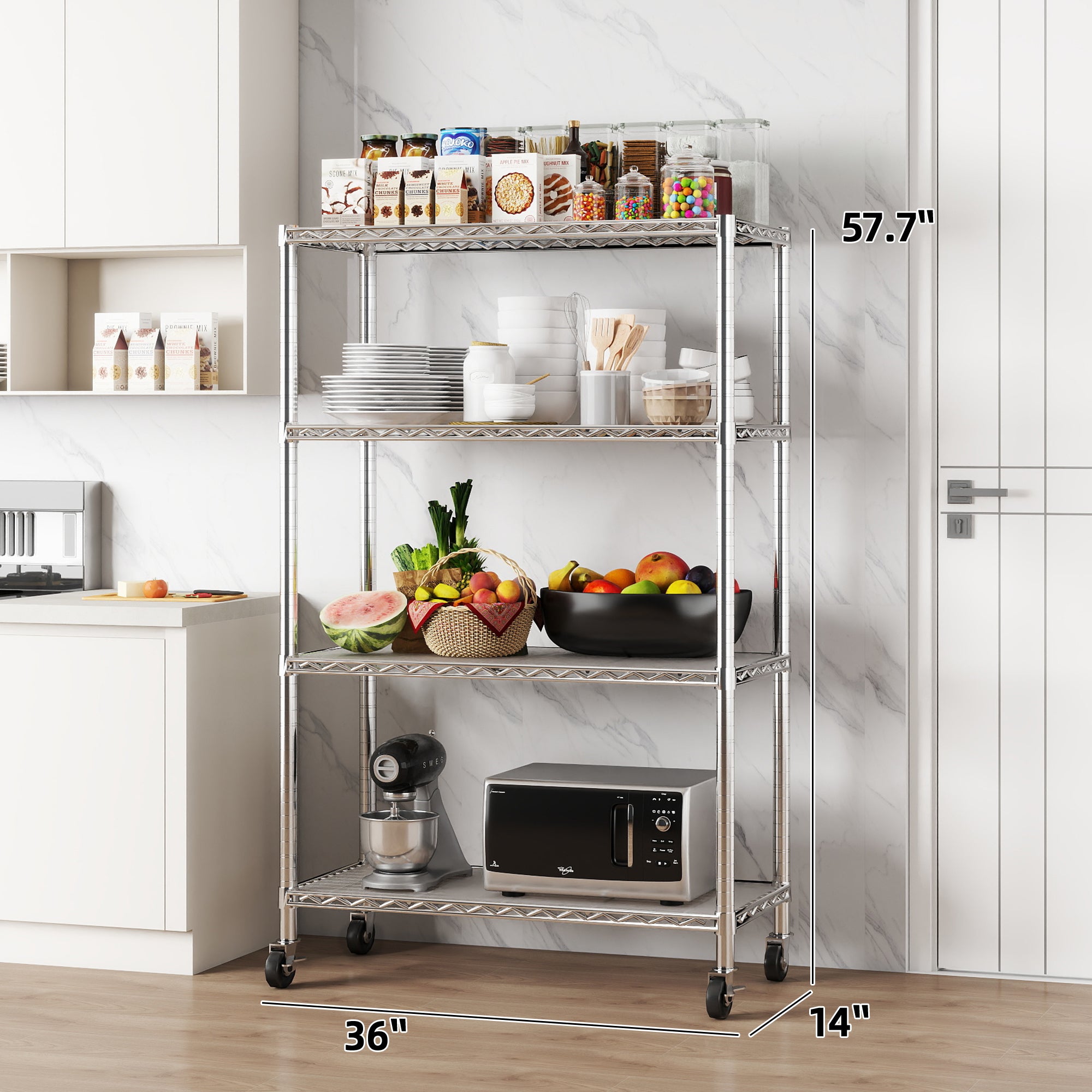 Chrome 4-Shelf Shelving Units and Storage on 3'' Wheels with 4-Shelf Liners, 36W X 14D X 57.7H Adjustable Heavy Duty Steel Wire Shelving Unit for Garage, Kitchen, Office Pole Diameter 1 Inch. item#: 33654