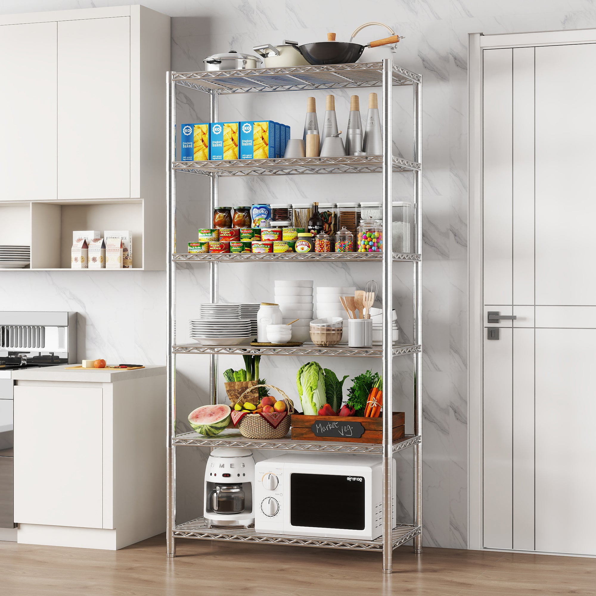Chrome 6-Shelf Shelving Unit, Changeable into 2 of 3-Shelf Units, 72”H X 36”W X 16”D Adjustable Heavy Duty Steel Wire Shelves, 350 lbs Loading Capacity Per Shelf. ITEM#: 540C