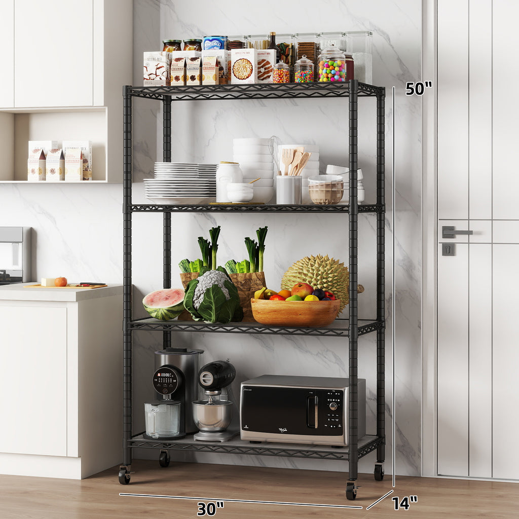 4-Shelf Shelving Units and Storage on Wheels with Shelf Liners Set of 4, NSF Certified, Adjustable Carbon Steel Wire Shelving Unit Rack for Garage, Kitchen, Office(50H X 30W X 14D). item#: 200-4W
