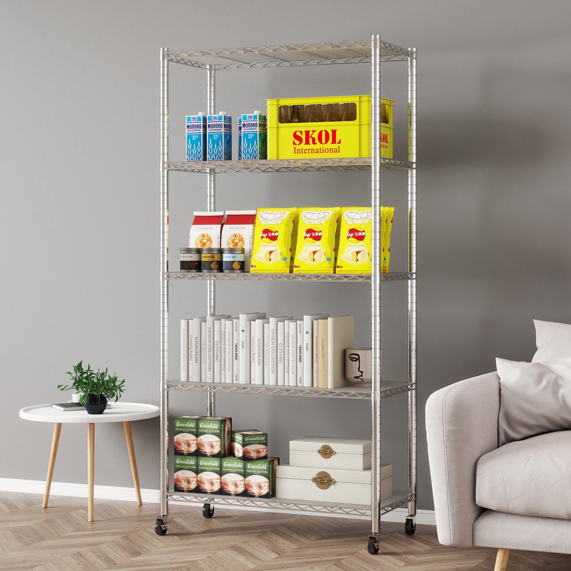 5-Shelf Shelving Units and Storage on Wheels with Shelf Liners Set of 5, NSF Certified, Adjustable Carbon Steel Wire Shelving Unit Rack for Garage, Kitchen, Office(63H X 30W X 14D). item#: 200-5CW