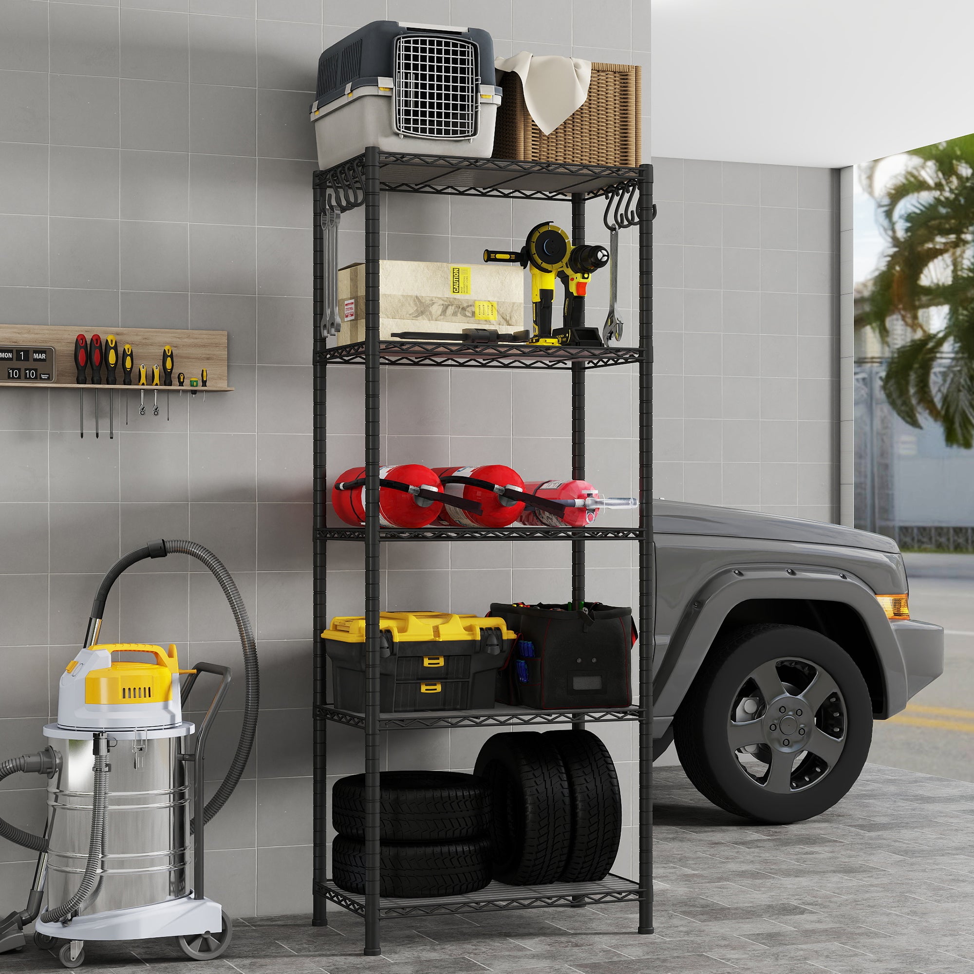 5-Shelf Shelving Unit with Shelf Liners Set of 5, NSF Certified, Adjustable, Steel Organizer Wire Rack, 100lbs Loading Capacity Per Shelf, for Kitchen and Garage (23.6W x 14D x 59H) Black. ITEM#: 100-5