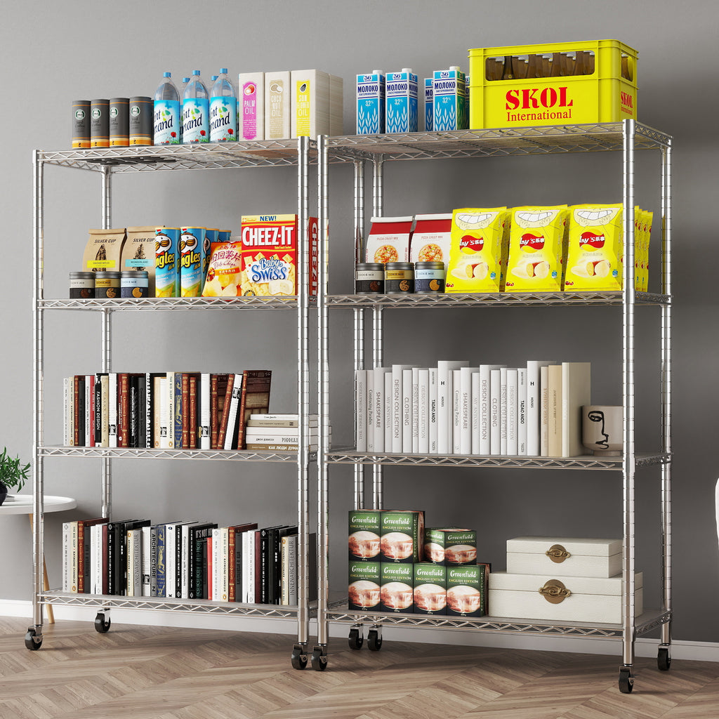 Chrome 4-Shelf Shelving Units and Storage Rack on Wheels with Shelf Liners Set of 4, NSF Certified, Adjustable Matel Wire Shelving Unit Rack for Garage, Kitchen, Office(50H X 30W X 14D). item#: 200-4CW