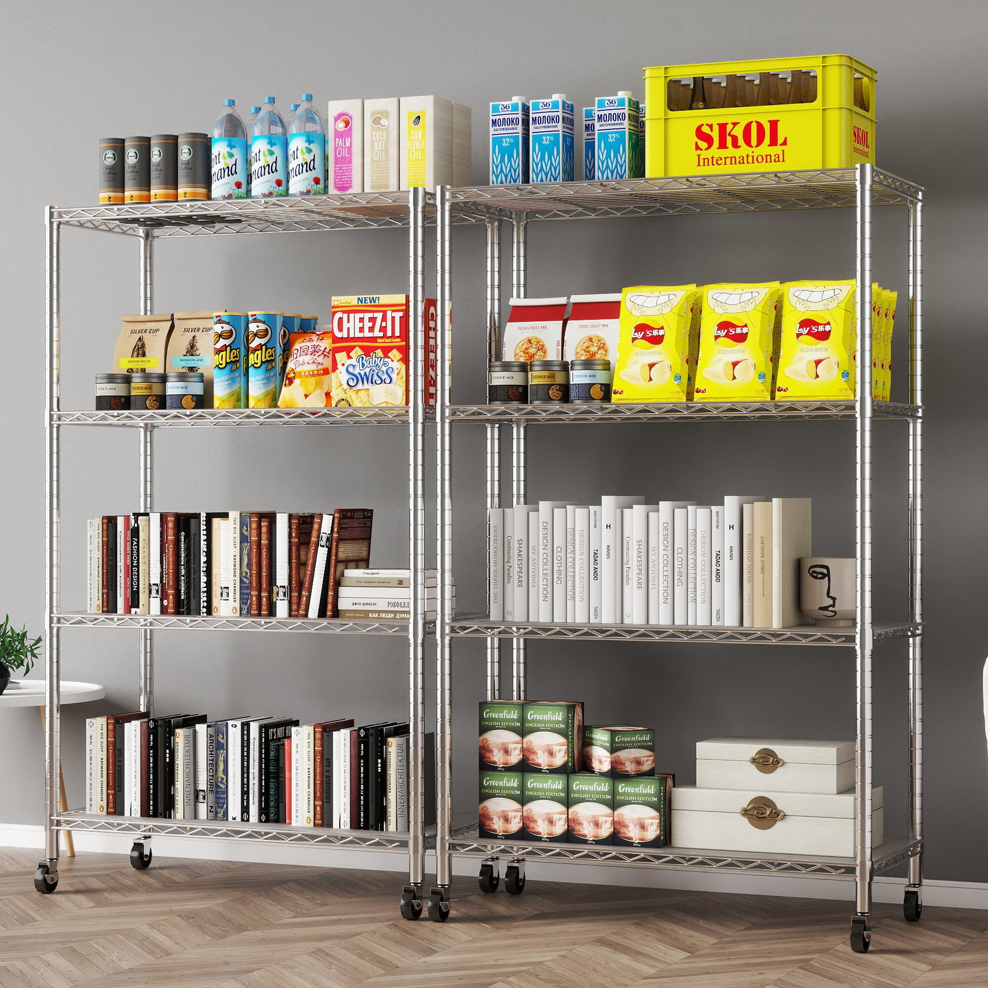 Chrome 4-Shelf Shelving Units and Storage Rack on Wheels with Shelf Liners Set of 4, NSF Certified, Adjustable Matel Wire Shelving Unit Rack for Garage, Kitchen, Office(50H X 30W X 14D). item#: 200-4CW