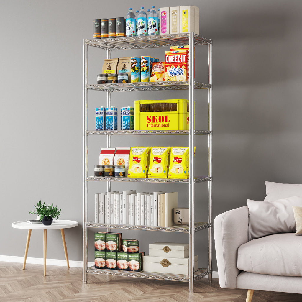 Chrome 6-Shelf Shelving Unit, Changeable into 2 of 3-Shelf Units, 72”H X 36”W X 16”D Adjustable Heavy Duty Steel Wire Shelves, 350 lbs Loading Capacity Per Shelf. ITEM#: 540C