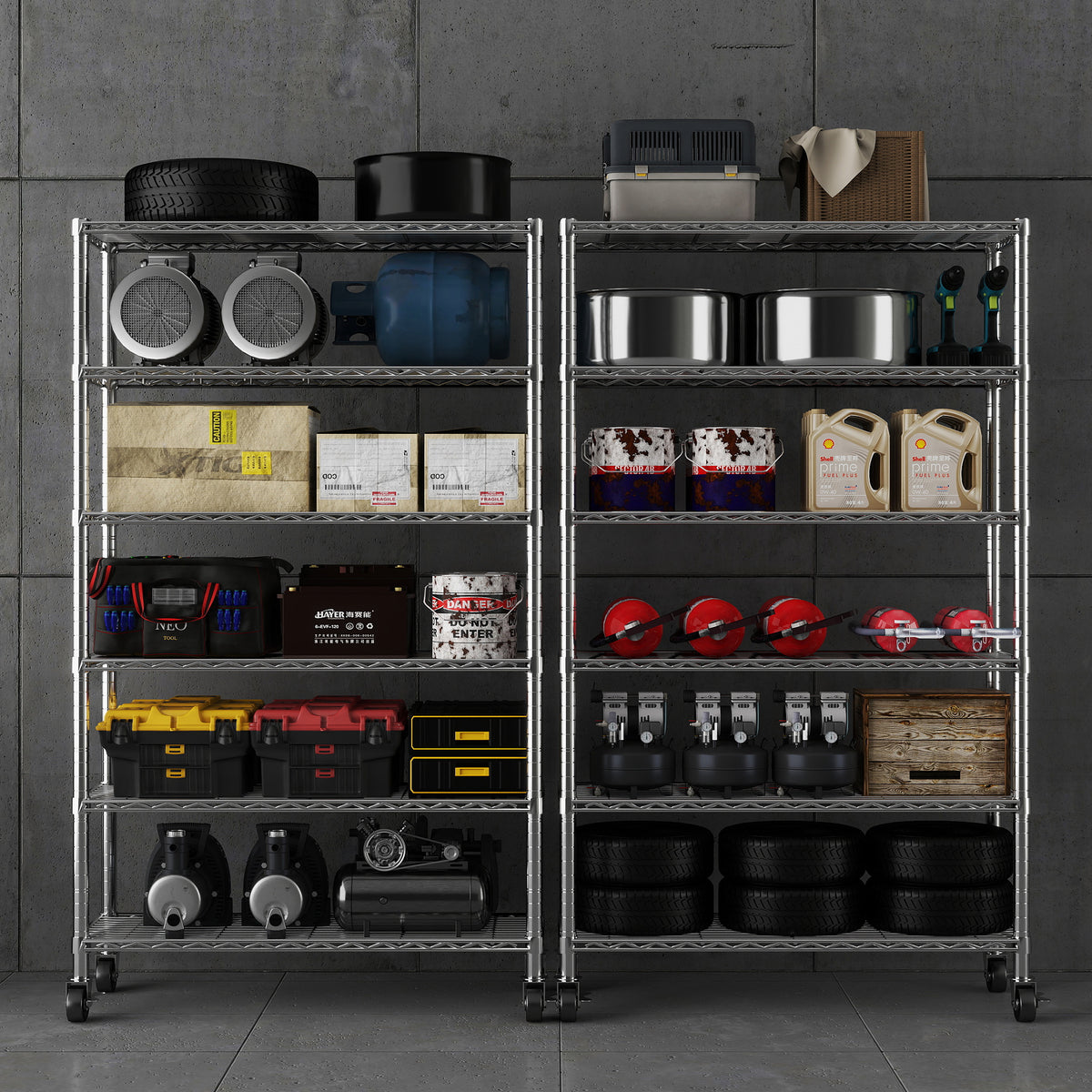 6-Tier Chrome Heavy Duty Storage Shelves, 48" W X 18" D X 72" H NSF Certified Steel Wire Shelving Unit with 4" Wheels and Adjustable Feet, for Office, Pantry, Kitchen, Garage, Bakers Rack. ITEM#: 60-6C