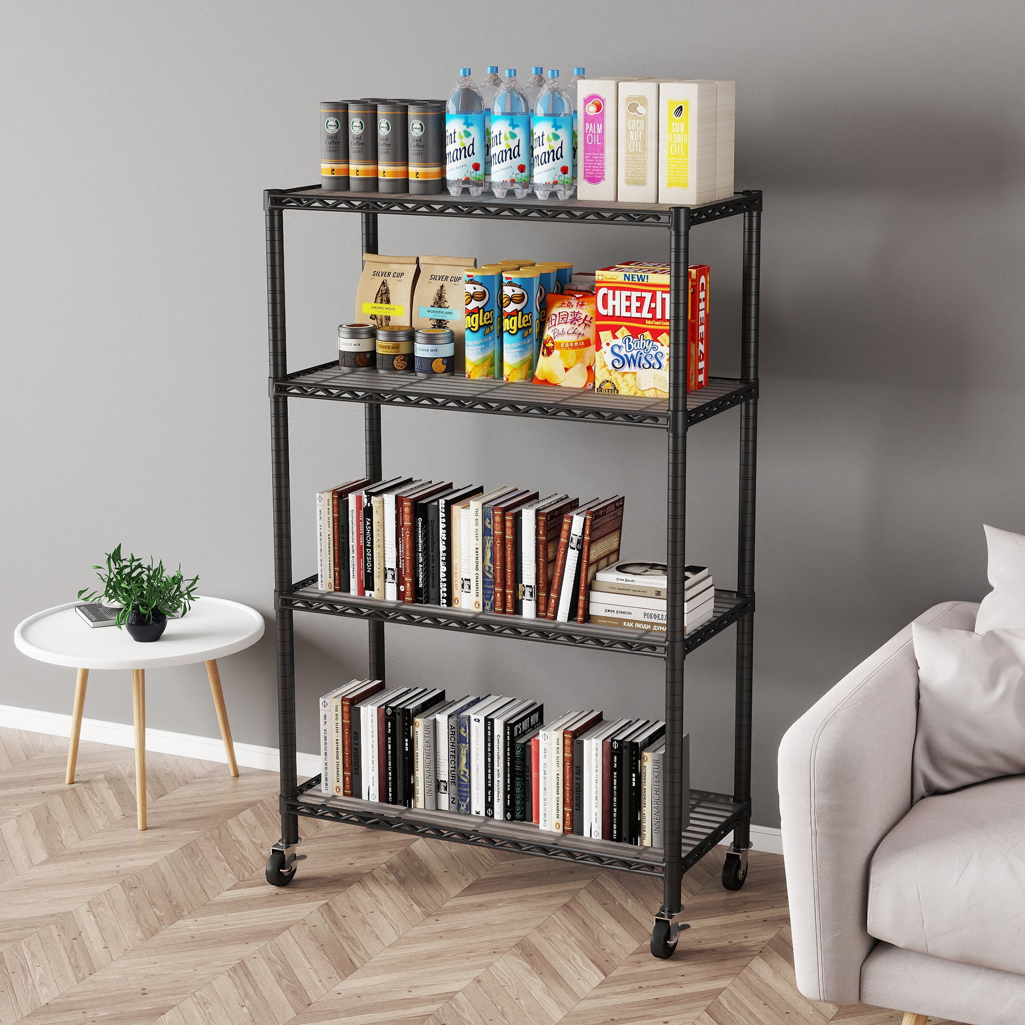 4-Shelf Shelving Units and Storage on 3'' Wheels with 4-Shelf Liners, 36W X 14D X 57.7H Adjustable Heavy Duty Steel Wire Shelving Unit for Garage, Kitchen, Office, Pole Diameter 1 Inch. item#: 33653