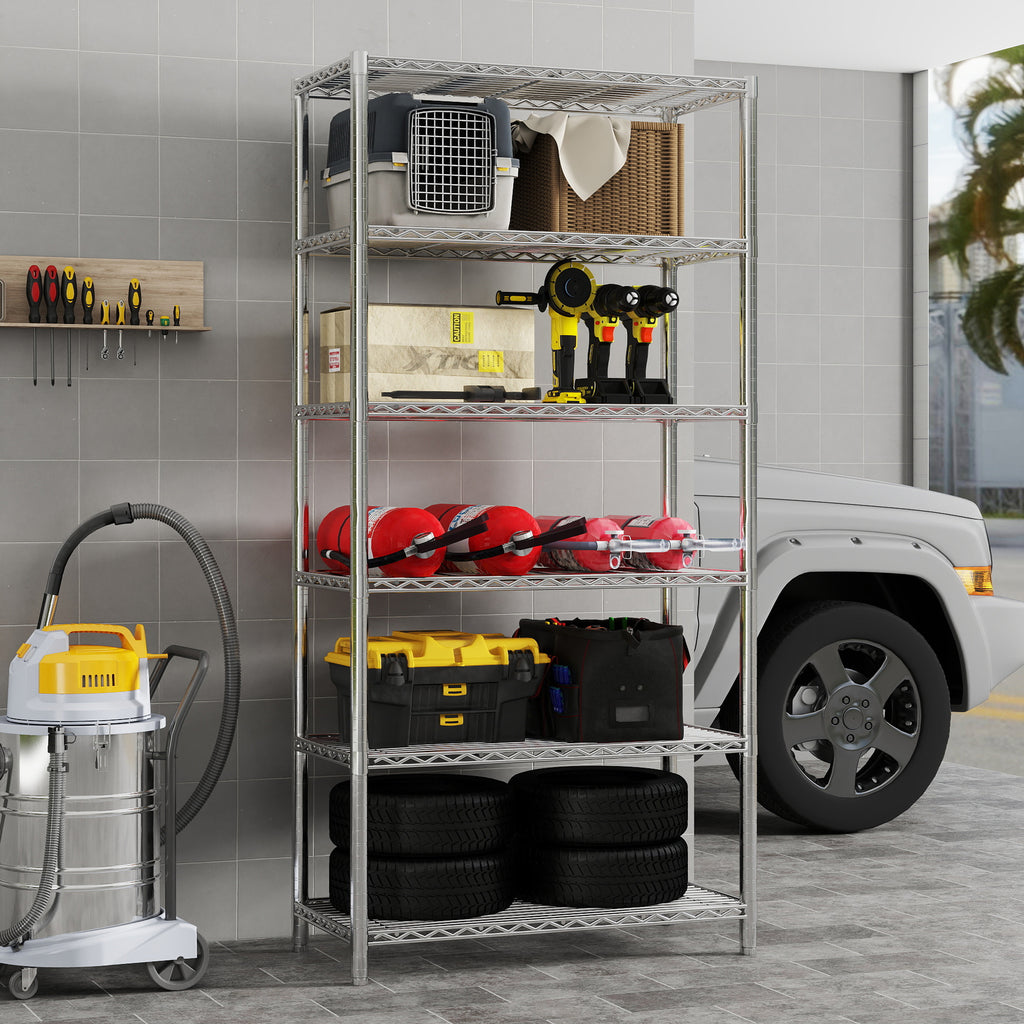 Chrome 6-Shelf Shelving Unit, Changeable into 2 of 3-Shelf Units, 72”H X 36”W X 16”D Adjustable Heavy Duty Steel Wire Shelves, 350 lbs Loading Capacity Per Shelf. ITEM#: 540C
