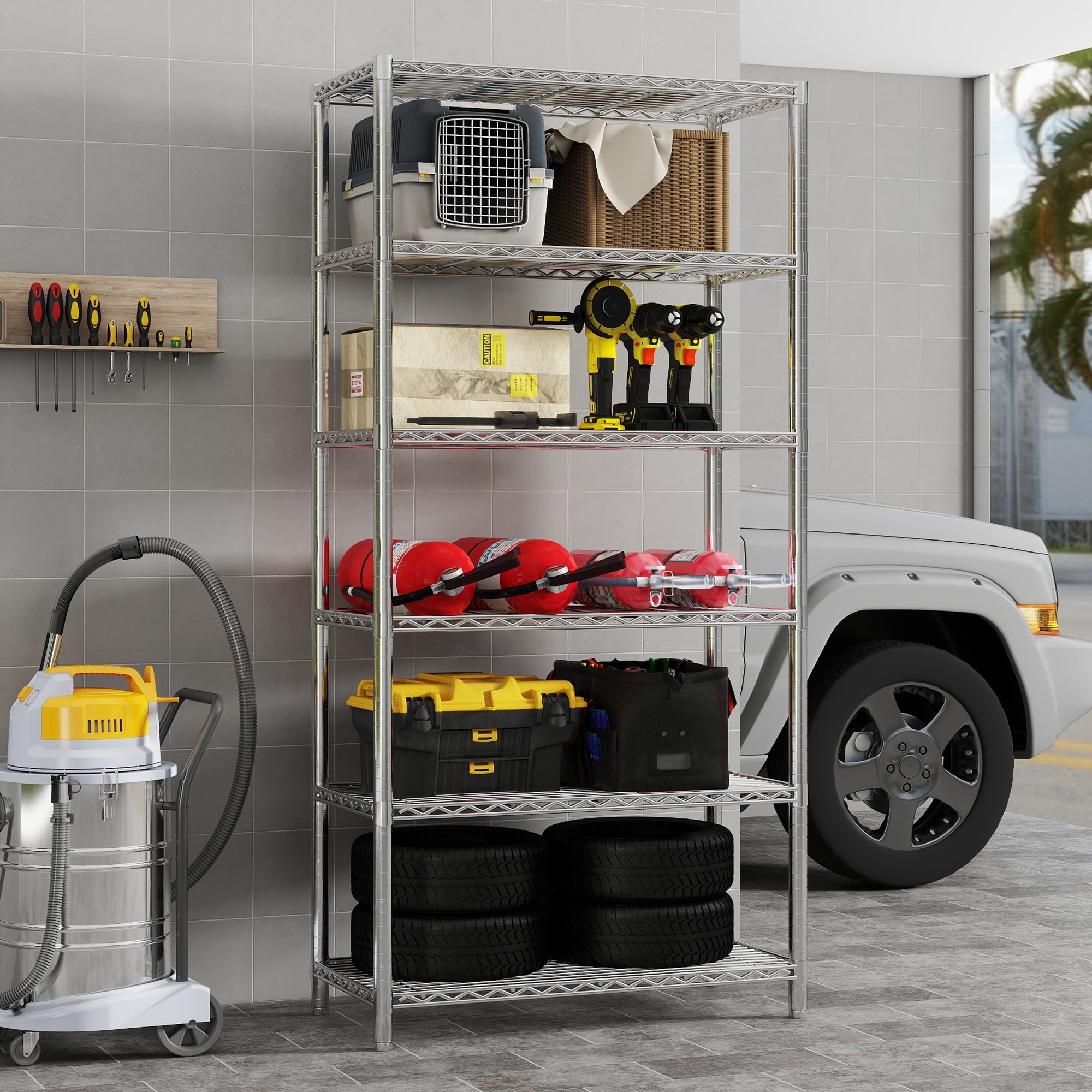 Chrome 6-Shelf Shelving Unit, Changeable into 2 of 3-Shelf Units, 72”H X 36”W X 16”D Adjustable Heavy Duty Steel Wire Shelves, 350 lbs Loading Capacity Per Shelf. ITEM#: 540C
